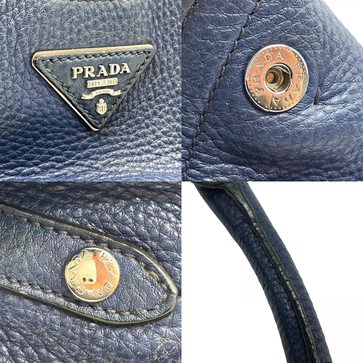 美品 PRADA プラダ 2WAY ハンドバッグ ショルダーバッグ レザー ネイビーブルー ヴィッテロ シルバー金具 B2343M 三角ロゴ 斜め掛け可 手提げ レディース Z4