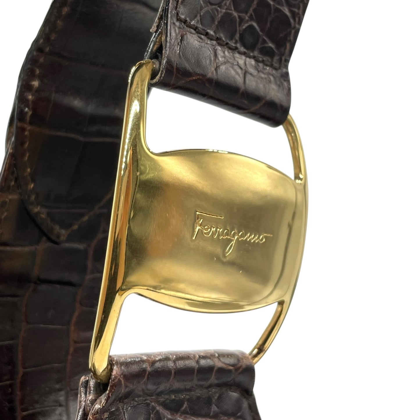 美品 Salvatore Ferragamo サルヴァトーレフェラガモ トートバッグ ハンドバッグ ヴァラ クロコ型押し 茶 ブラウン ゴールド金具 ワンショルダー 肩掛け可 ヴィンテージ レディース B