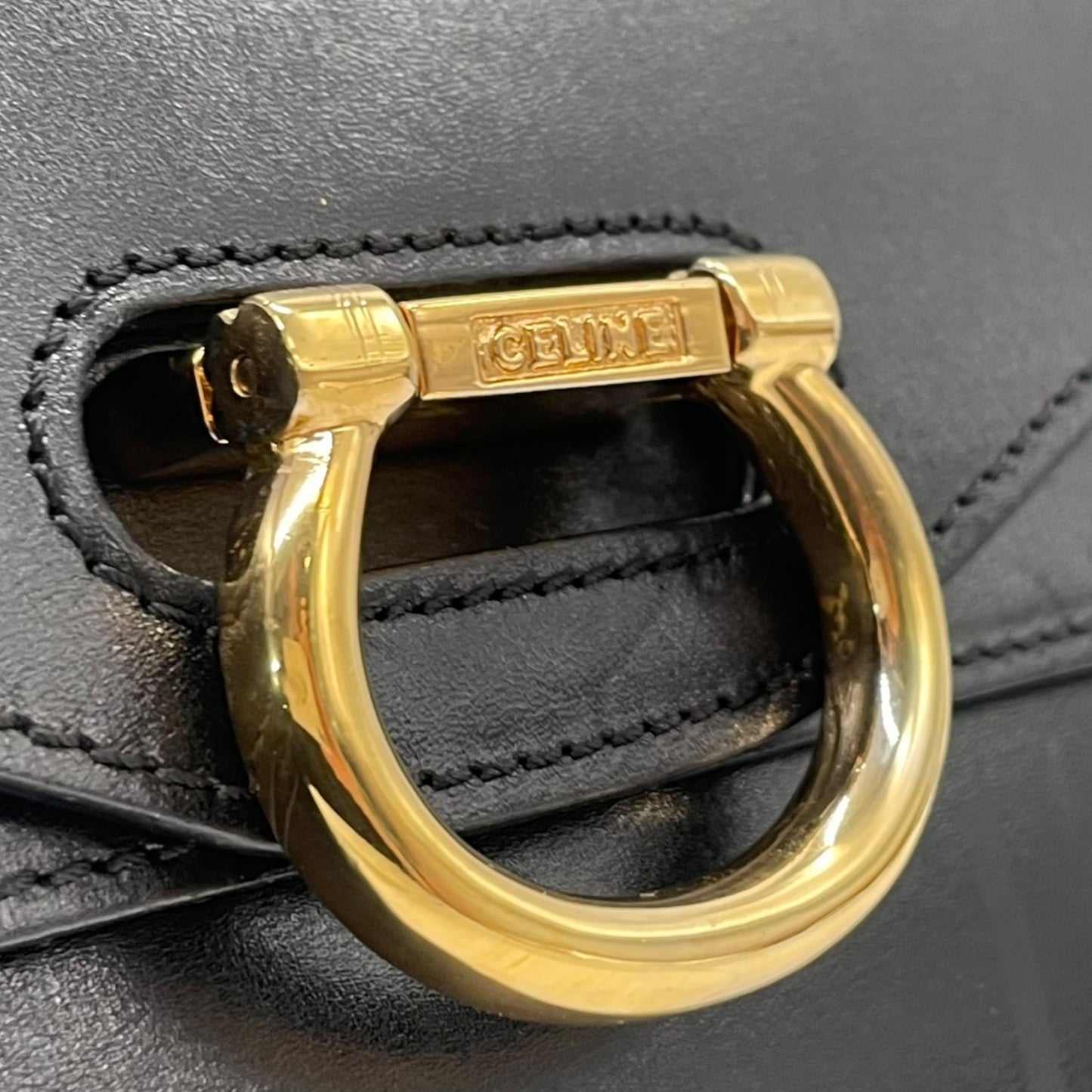 美品 CELINE セリーヌ ハンドバッグ フォーマル 黒 ブラック レザー ゴールド金具 ダブルフラップ Wフラップ トップハンドル 手提げ ロゴ レディース ヴィンテージ オールドセリーヌ C