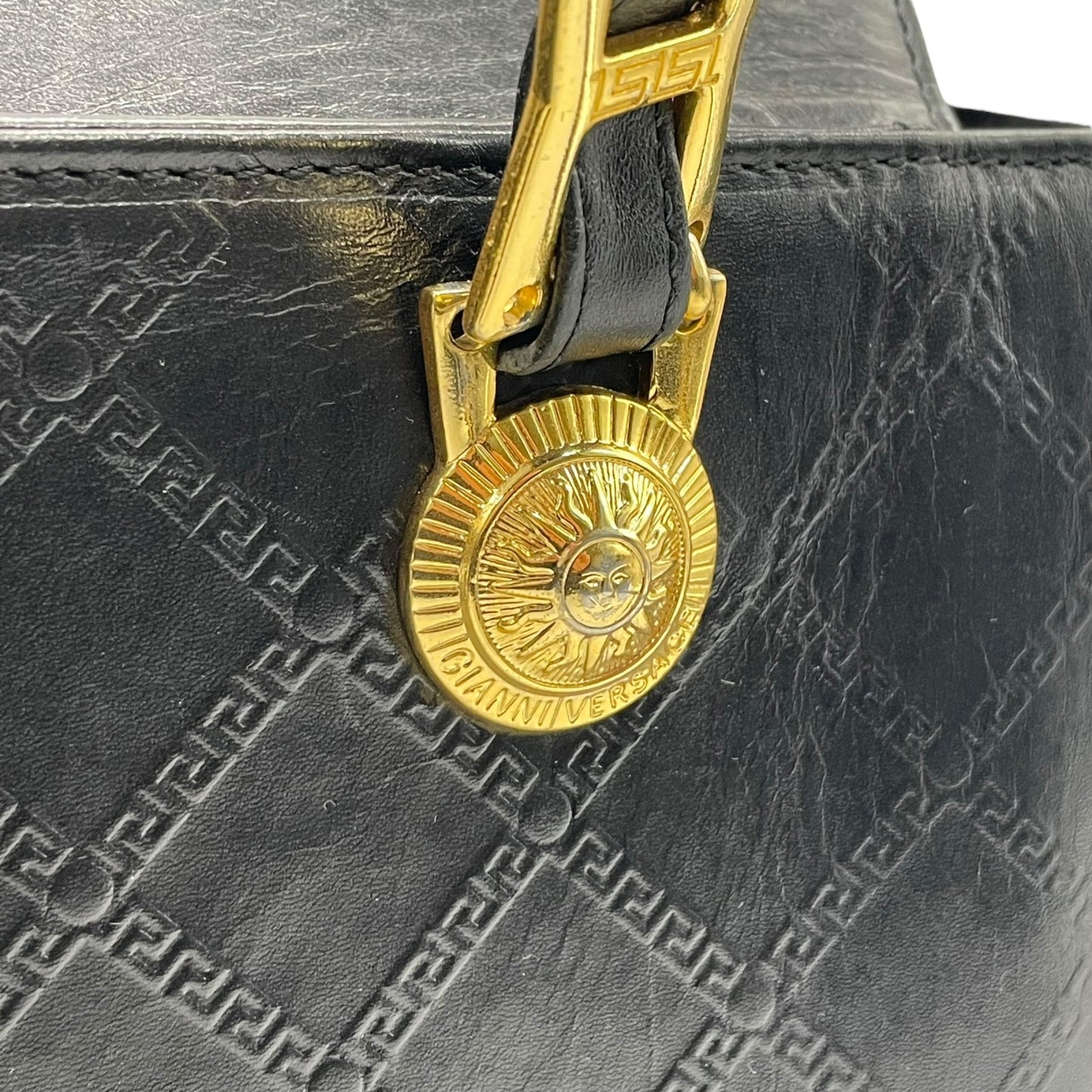 Authentic GIANNI VERSACE Vintage Mini Handbag Tote Black Leather Gold Hardware Fringe Tassel Women