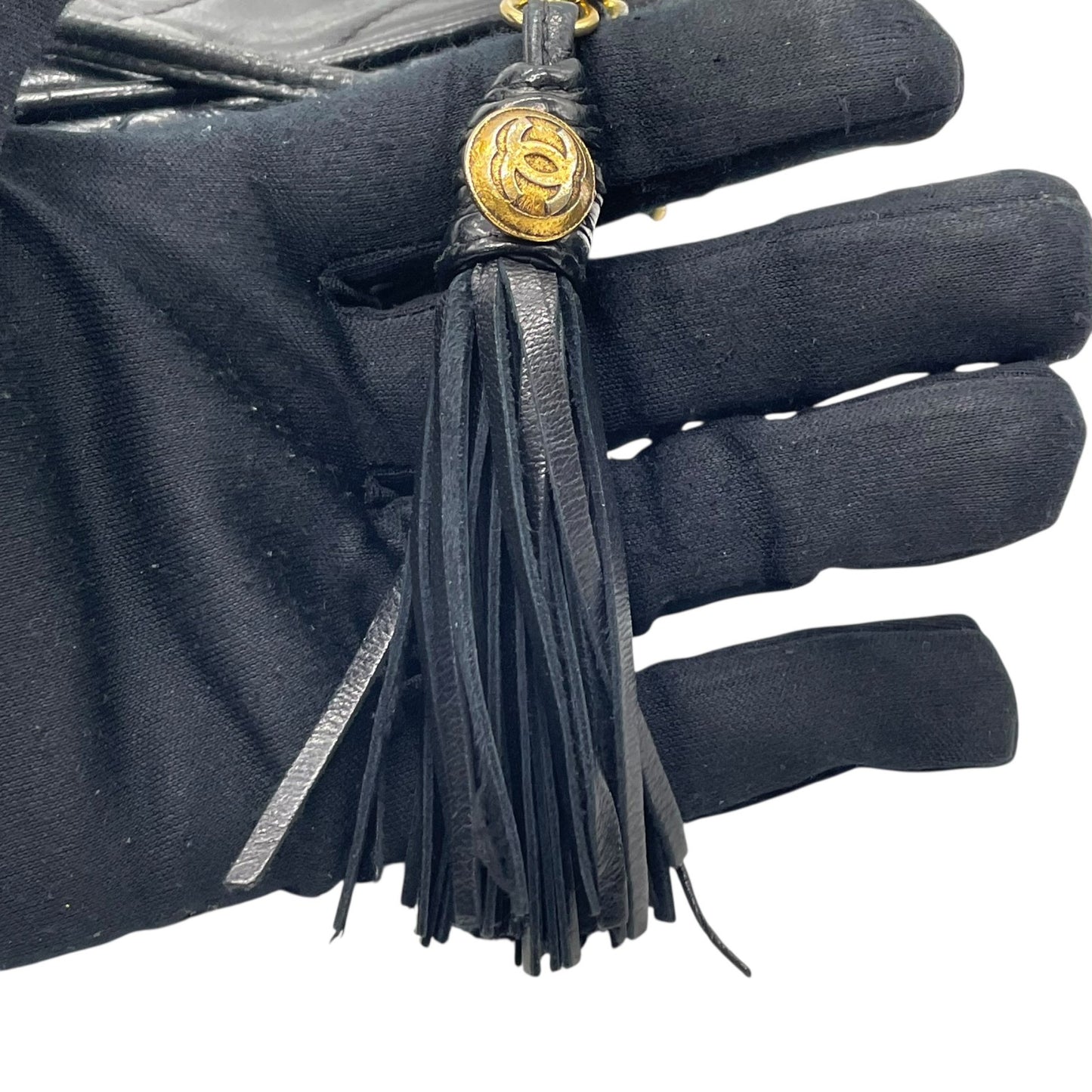 Authentic CHANEL Matelasse Fringe Shoulder Bag Black Leather Vintage Gold Crossbody