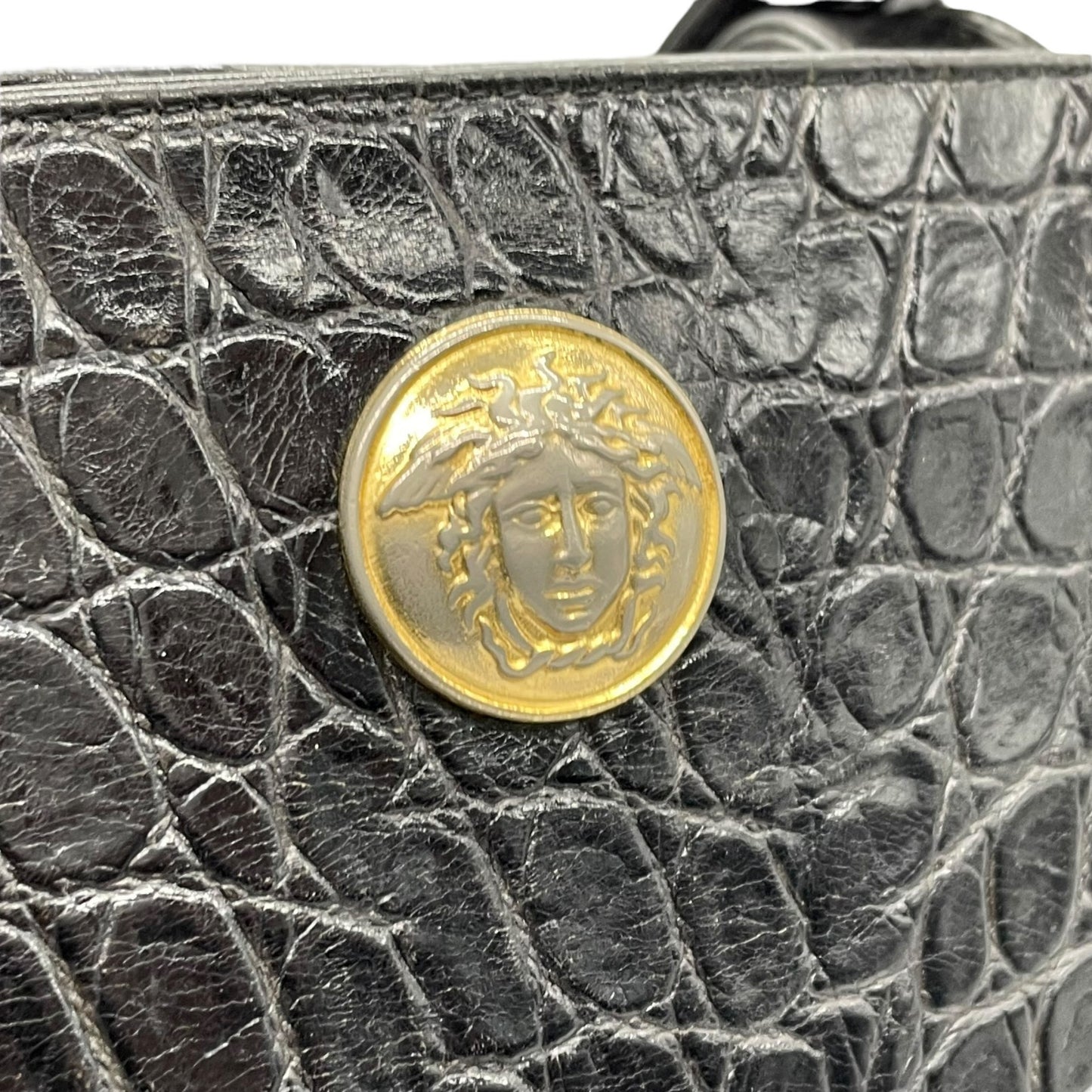Authentic VERSACE Medusa Embossed Leather Tote Handbag Black Gold