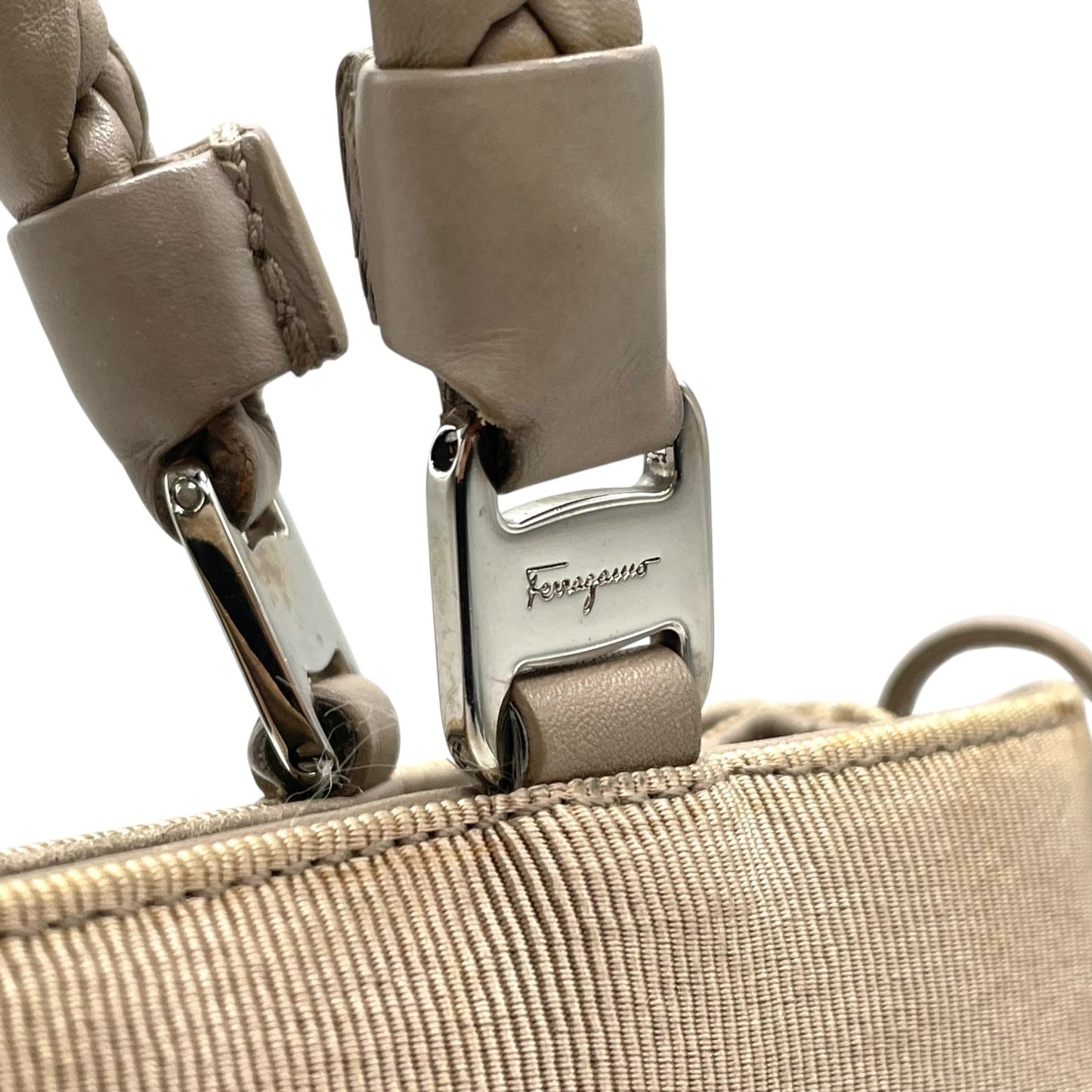 サルヴァトーレフェラガモ ハンドバッグ 編み込みレザーハンドル グレー キャンバス トートバッグ 肩掛け可能 K2