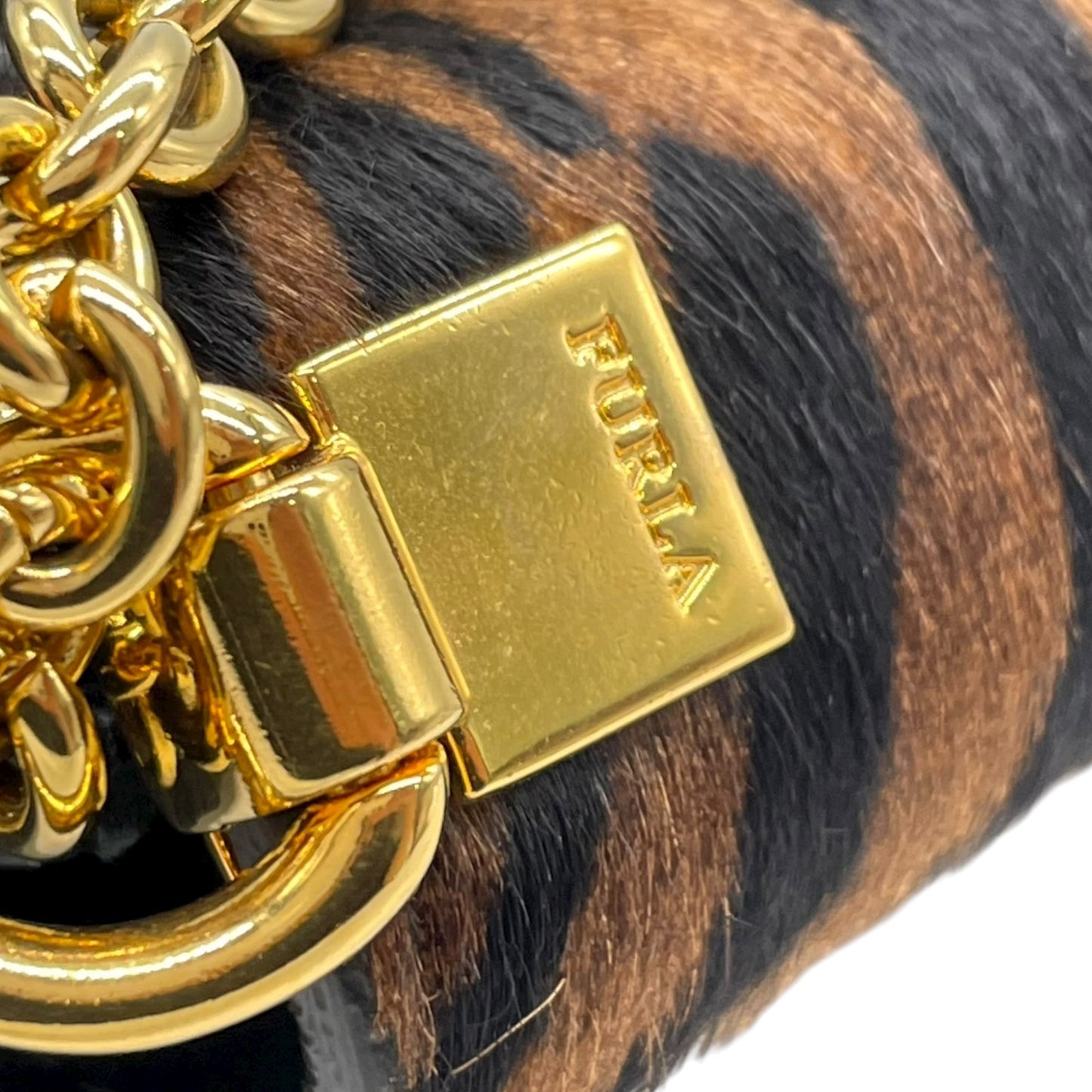 フルラ FURLA ハラコ レザー チェーンショルダーバッグ ゼブラ柄 アニマル柄 茶色 ブラン 金金具 ゴールド金具 ミニバッグ C14