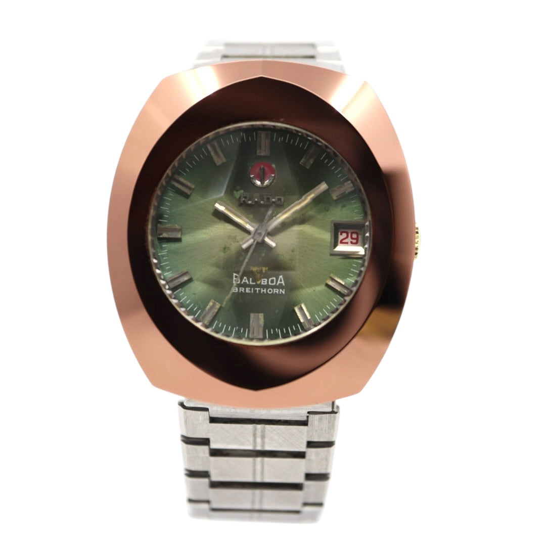美品　ラドー　バルボア　腕時計　緑文字盤　カットガラス　ヴィンテージ　BREITHORN　ラウンド　自動巻　RADO　BALBOA　ブライトホルン　超硬ケース　アナログ　メンズ G4