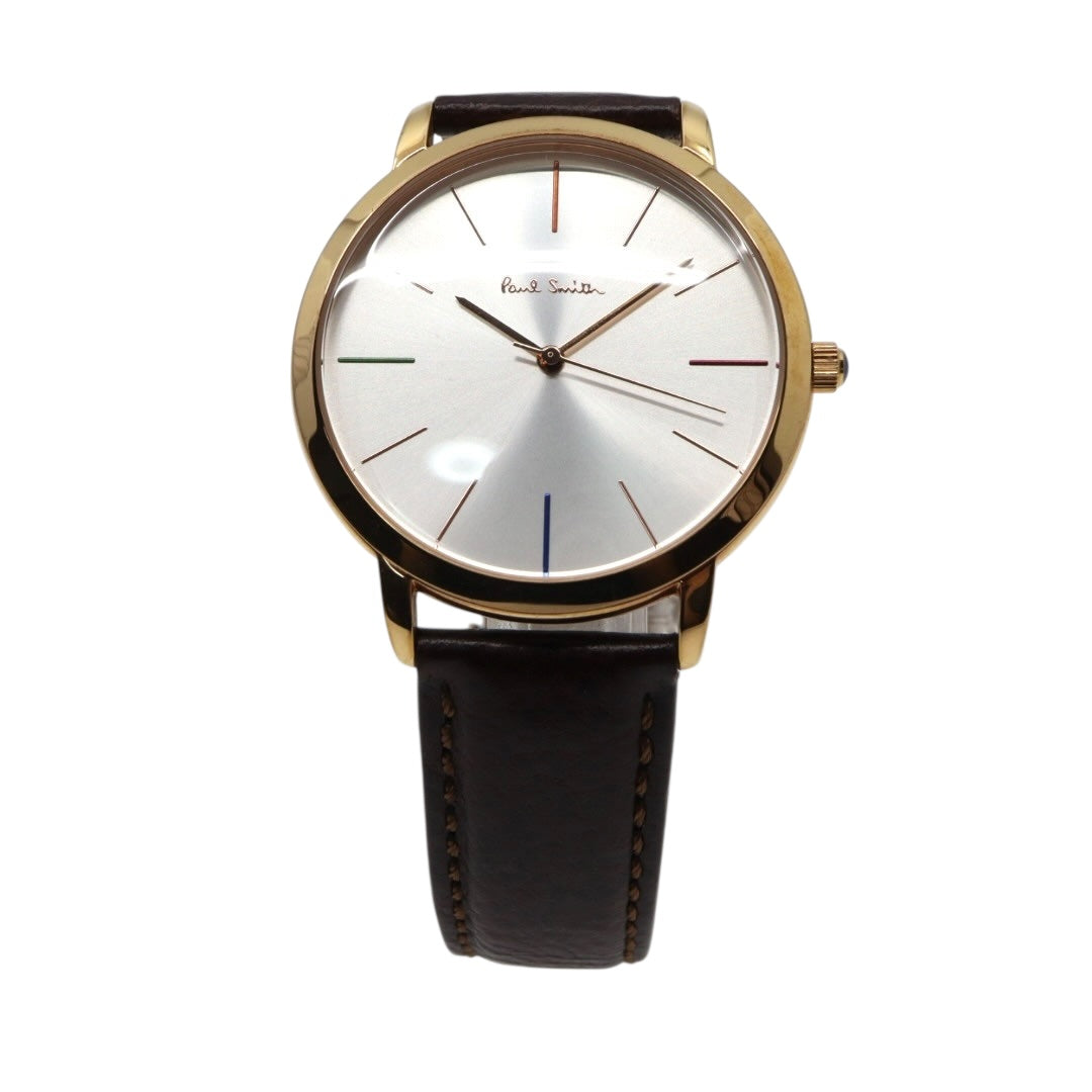 【美品】ポールスミス 腕時計 The City Slim 1005 メンズ クオーツ アナログ シルバーダイヤル ブラウンレザーベルト ゴールドケース シンプル クラシック ビジネス ドレスウォッチ エレガント 薄型 クリーニング済み G2
