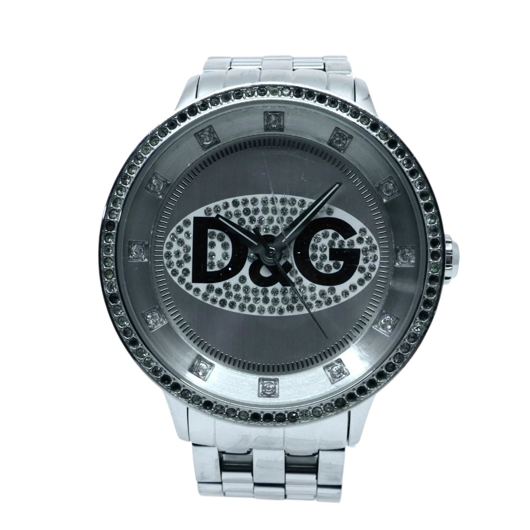 【電池交換済】D&G ドルチェ＆ガッバーナ 腕時計 ラインストーン D&Gロゴ メンズ レディース ユニセックス クオーツ アナログ シルバー ブレスレットウォッチ ドレスウォッチ ゴージャス エレガント ラグジュアリー クリーニング済み G2