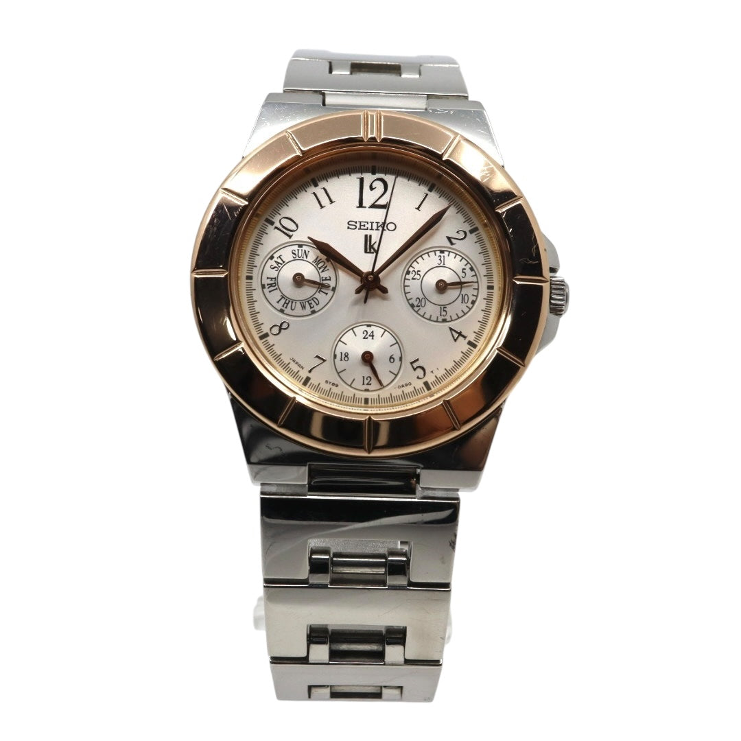 美品 【電池交換済】セイコー ルキア 腕時計 5Y89-0B30 レディース クオーツ デイデイト カレンダー 24時間計 シルバー ピンクゴールド コンビカラー ビジネス フォーマル ドレスウォッチ エレガント 上品 オフィス 日本製 クリーニング済み G2