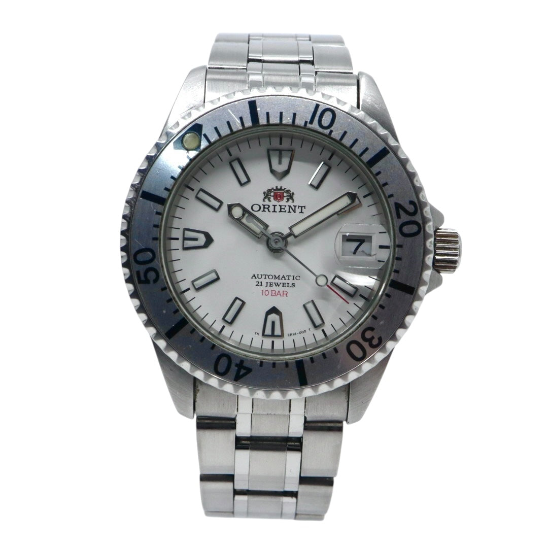 【美品】 orient オリエント キングマスター 腕時計 ER14-C2 自動巻き 21石 ダイバーズデザイン 10気圧防水 メンズ アナログ ホワイトダイヤル シルバー 回転ベゼル スポーツウォッチ ステンレス G2