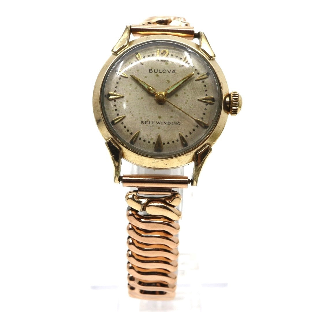 【稼働品】希少 ブローバ BULOVA 腕時計 自動巻き Selfwinding ゴールド レディースウォッチ ヴィンテージ アナログ アンティーク ドレスウォッチ クラシックデザイン ドーム風防 上品 エレガント E823841 クリーニング済み G2