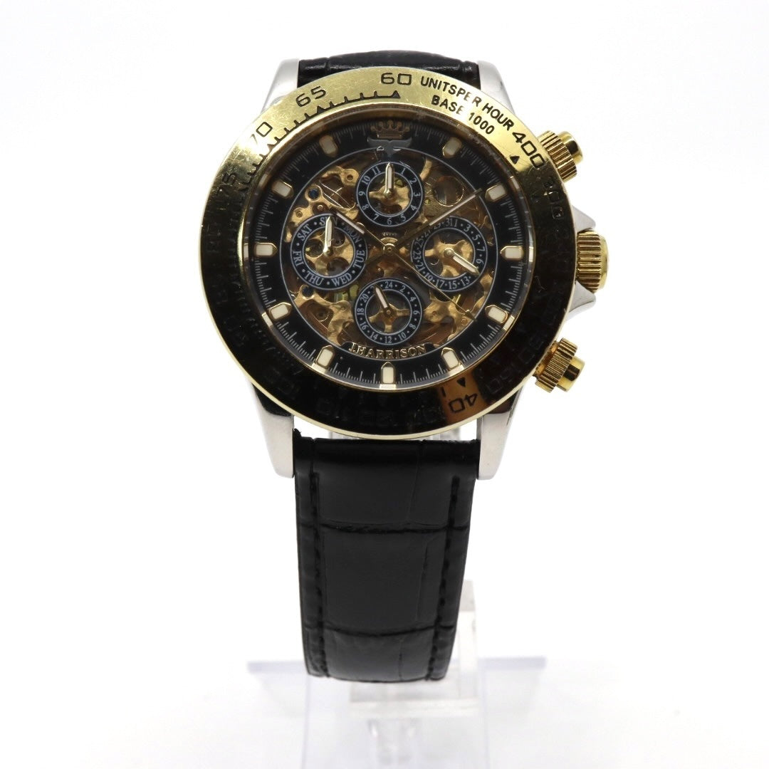 【極美品】ジョン・ハリソン J.Harrison 腕時計 JH-003C スケルトン 自動巻き ゴールド ブラック メンズ レザーベルト アナログ タキメーターベゼル シースルーバック クラシック ゴージャスデザイン G2