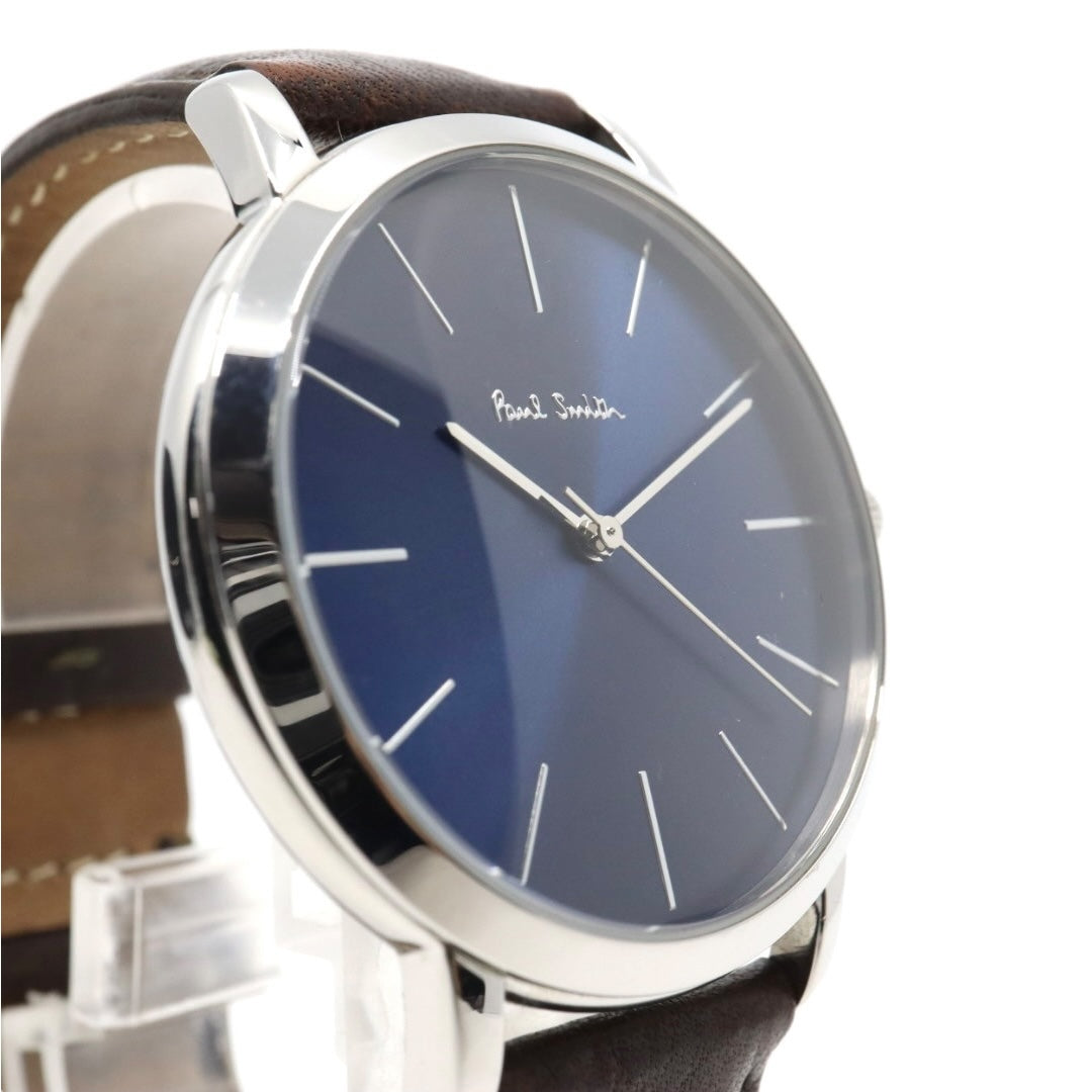 美品 【電池交換済】ポールスミス Paul Smith 腕時計 The City 1009 メンズ クオーツ アナログ ブルーダイヤル ブラウンレザーベルト シルバーケース シンプル クラシック ビジネス ドレスウォッチ エレガント クリーニング済み G2