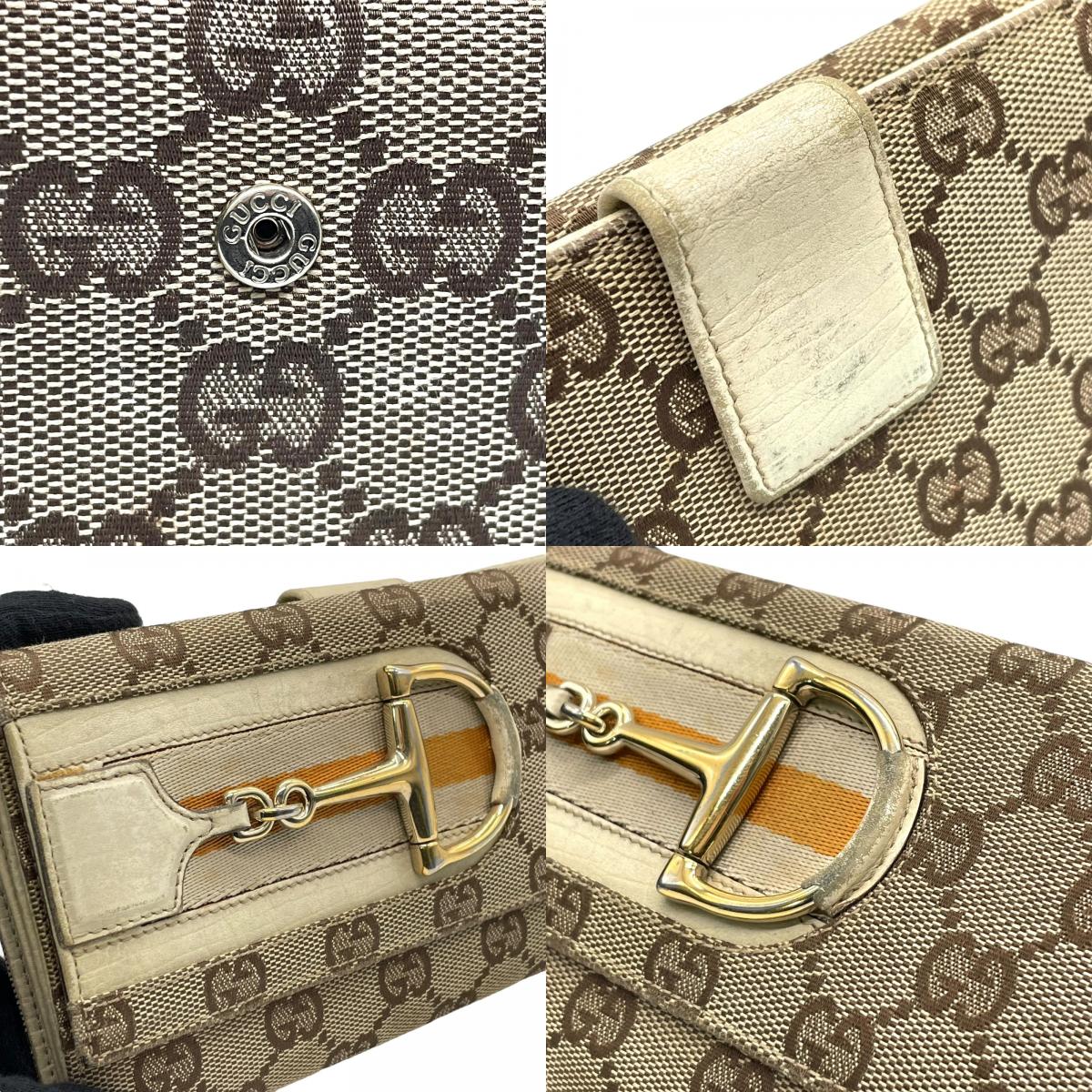 グッチ GUCCI 長財布 GGキャンバス レザー ホースビット ブラウン アイボリー オレンジ GG柄 ゴールド金具 メンズ レディース M1