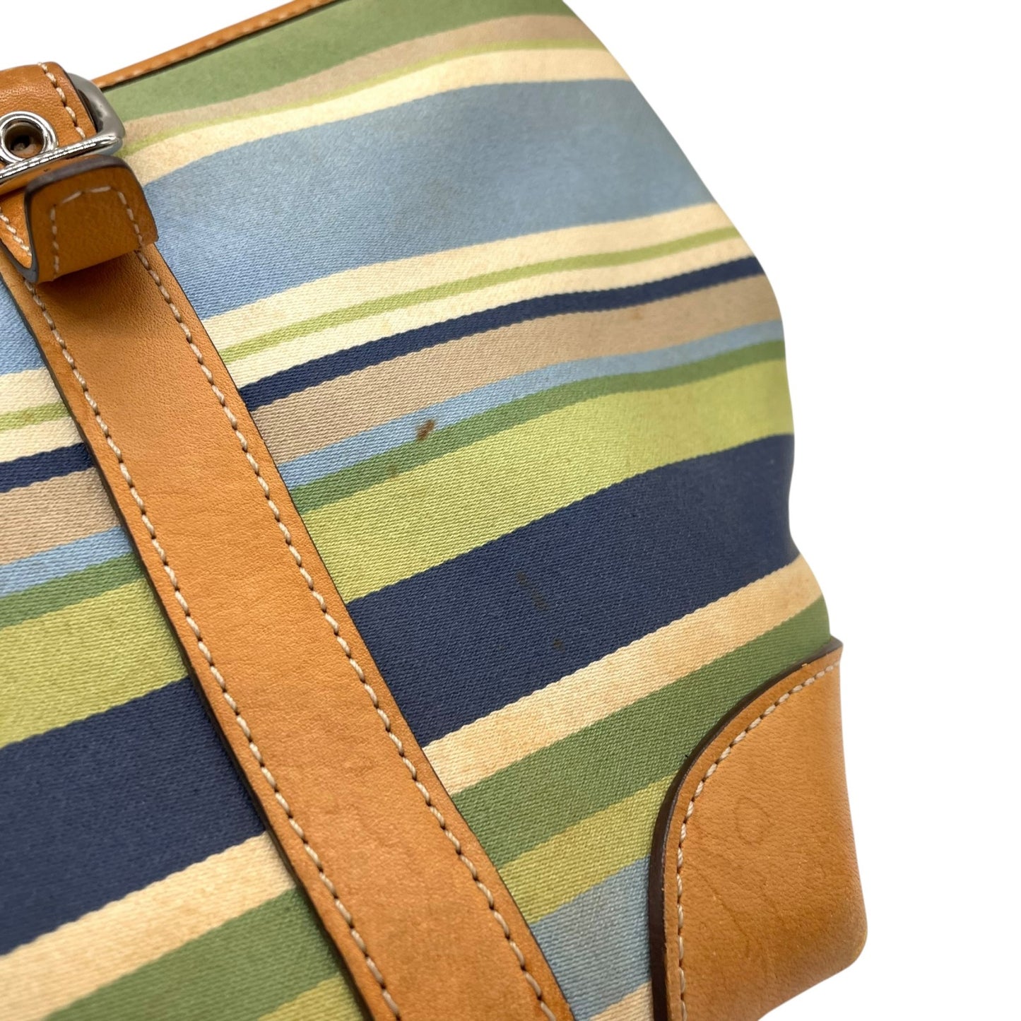 コーチ COACH ハンドバッグ ミニトート マルチストライプ ボーダー キャンバス レザー ロゴチャーム ファスナー開閉 ネイビー ブルー グリーン マルチカラー シルバー金具 手提げ レディース T1