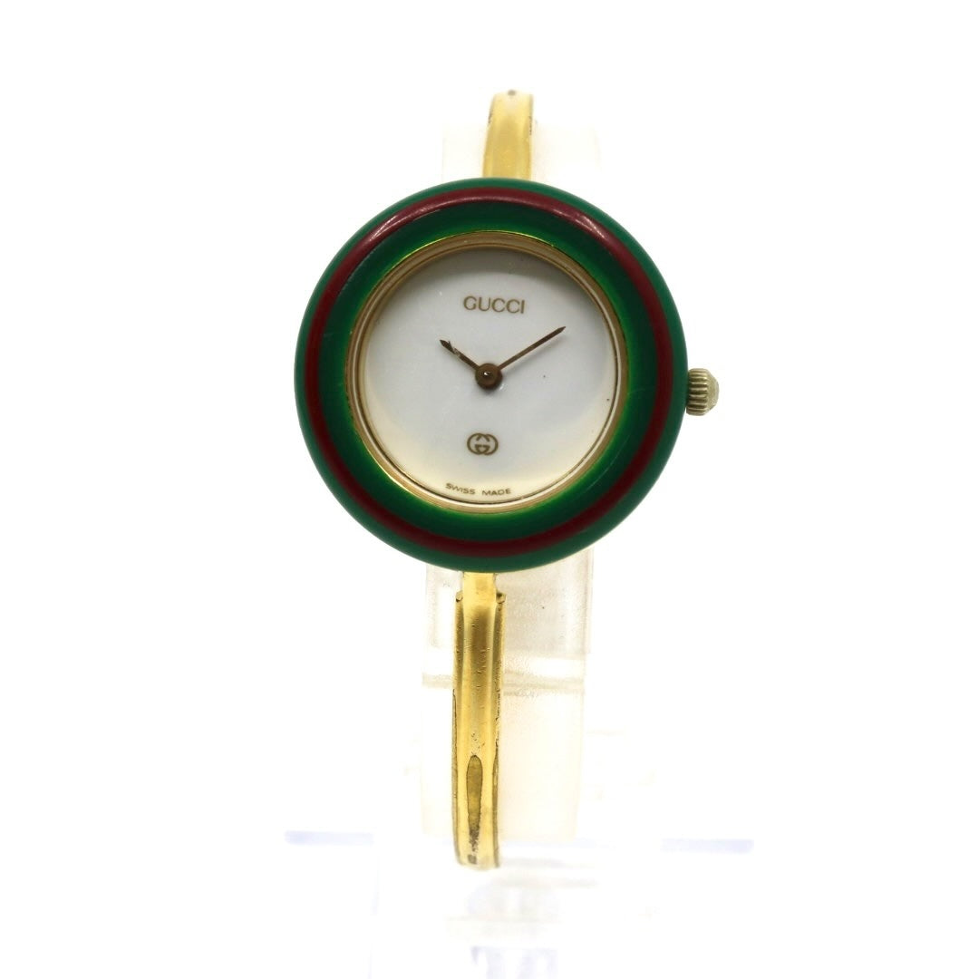 【美品/電池交換済】グッチ GUCCI チェンジベゼル 11/12 腕時計 レディース クオーツ バングルウォッチ ゴールド ヴィンテージ アンティーク シェリーラインベゼル クラシック エレガント アイコン 人気モデル クリーニング済み G3