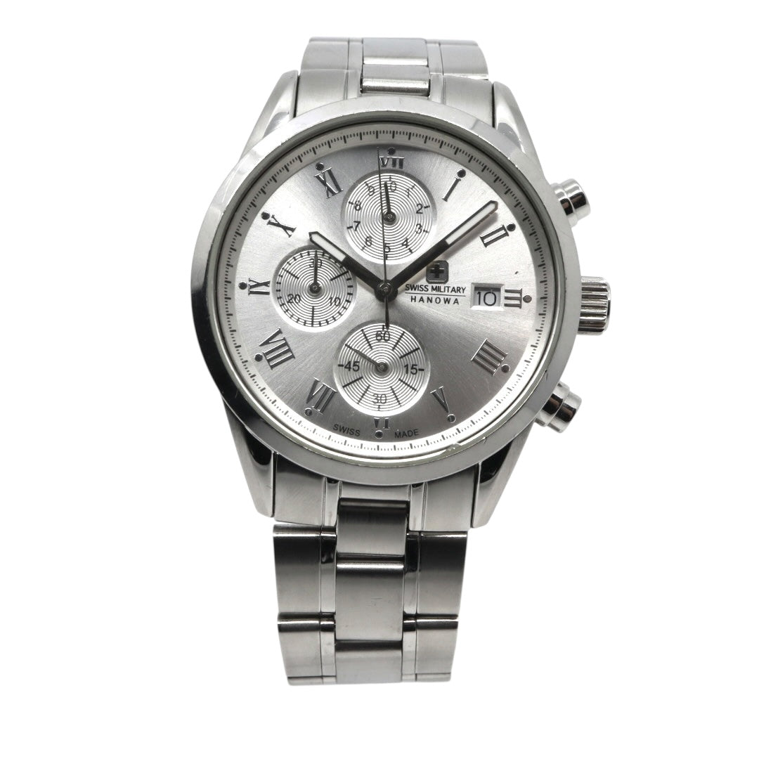 【電池交換済】スイスミリタリー ハノワ 腕時計 06-5219 クロノグラフ メンズ クオーツ シルバー文字盤 デイト表示 アナログ ローマンインデックス ビジネス カジュアル スポーツ エレガント スイス製 クリーニング済み G3