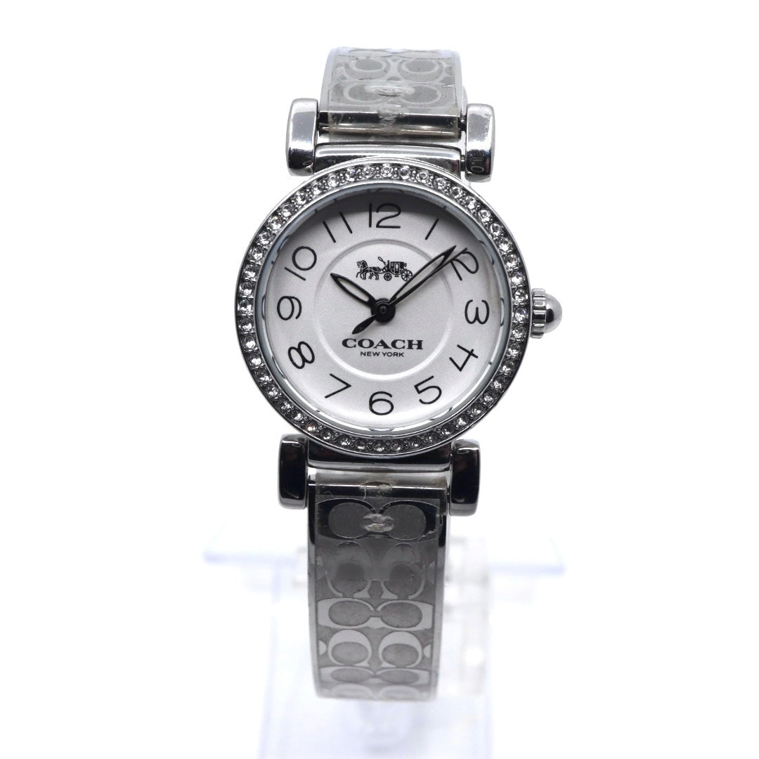 美品 電池交換済 コーチ COACH 腕時計 CA.66.7.95.1489S レディースウォッチ クォーツ ラインストーンベゼル シルバー ホワイト文字盤 シグネチャー柄ブレスレット アナログ エレガント クラシック ドレスウォッチ 稼働品 G3