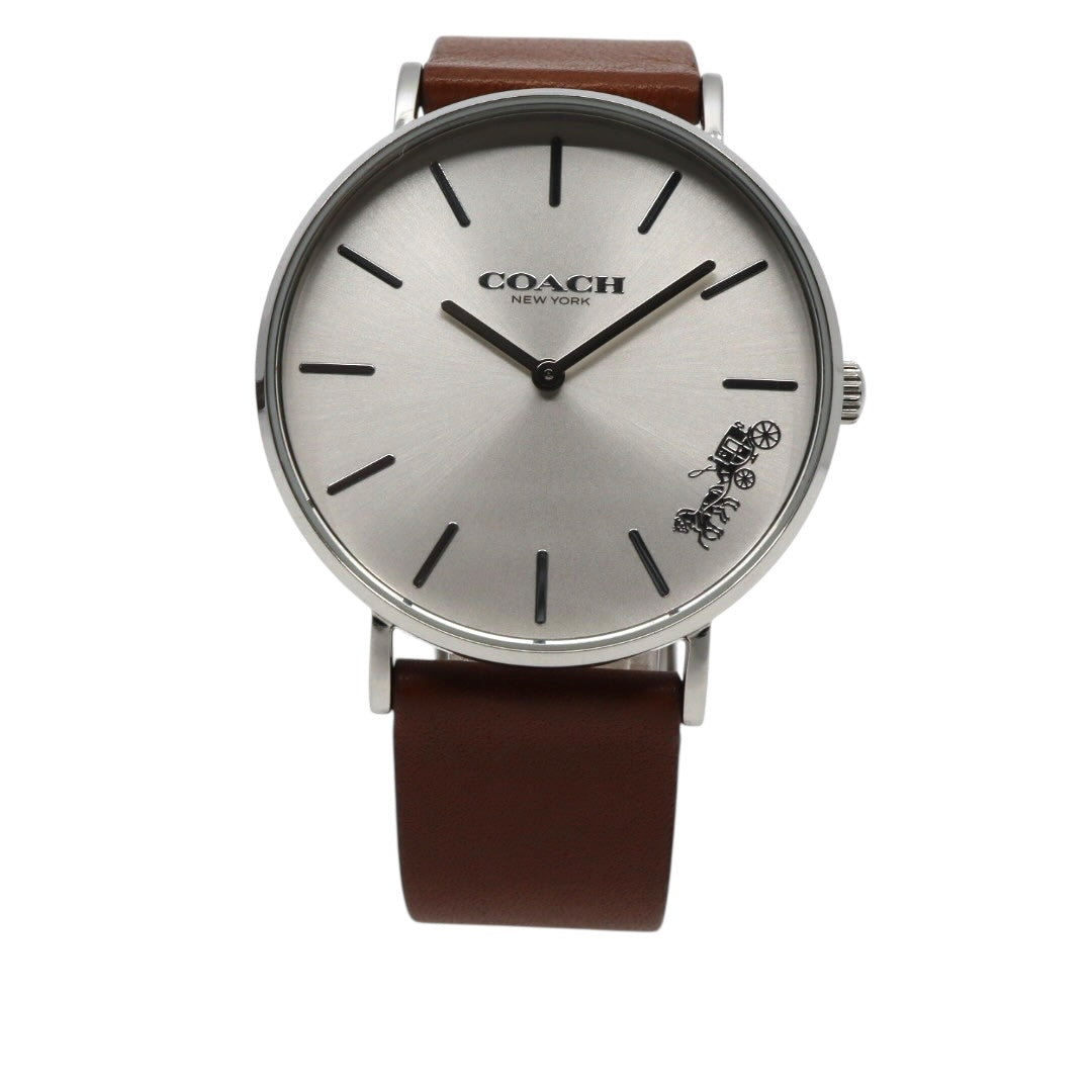 未使用級 美品 電池交換済 コーチ COACH ペリー PERRY 腕時計 CA.120.7.14.1596 レディースウォッチ クォーツ シルバー文字盤 ブラウン レザーベルト アナログ シンプル エレガント クラシック ビジネス 普段使い 稼働品 G3
