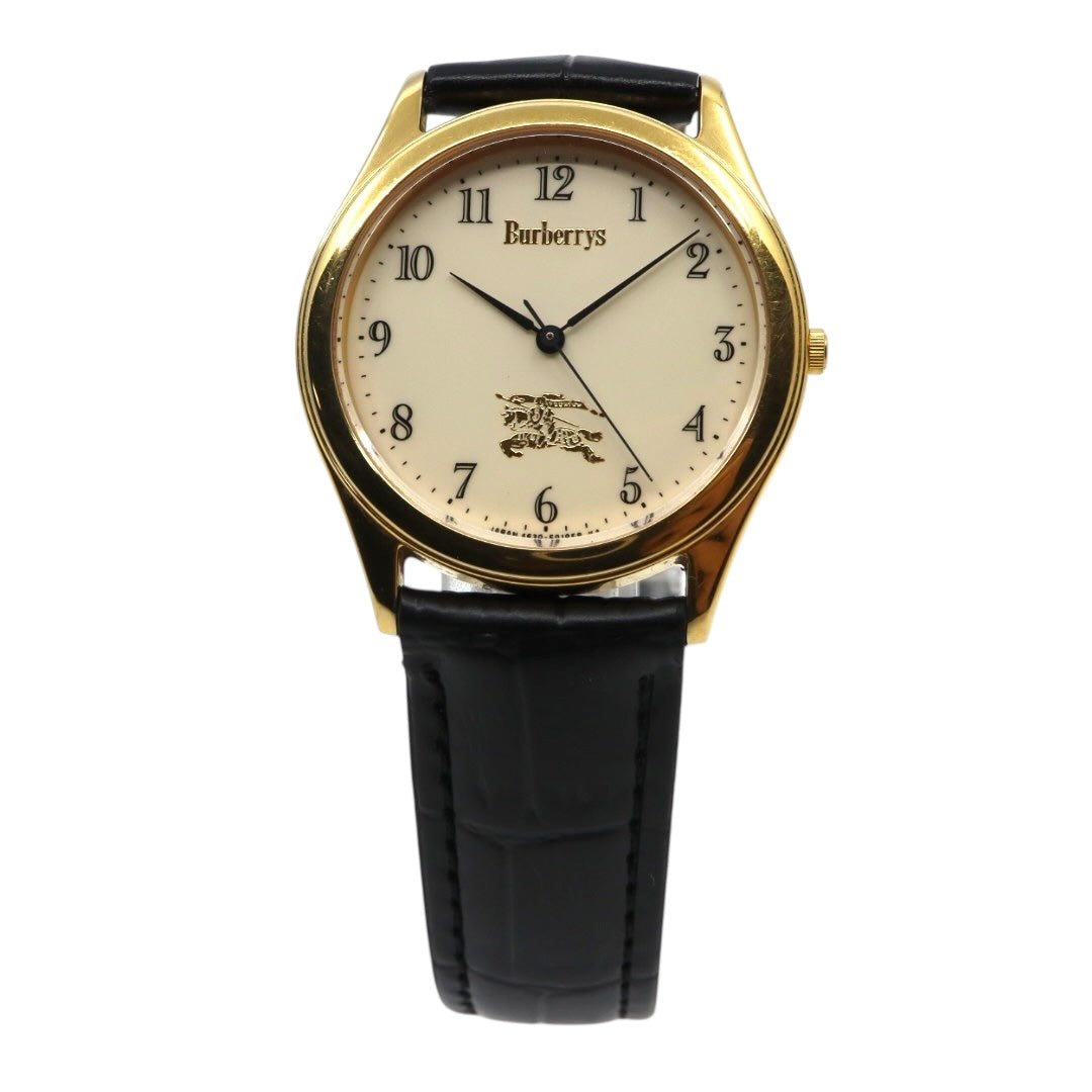 【美品 電池交換済 新品ベルト】バーバリー Burberrys 腕時計 4631-E66076 TA メンズウォッチ クォーツ ゴールドケース アイボリー文字盤 ブラックレザー アナログ クラシック ビンテージ ドレスウォッチ エレガント 稼働品 G3