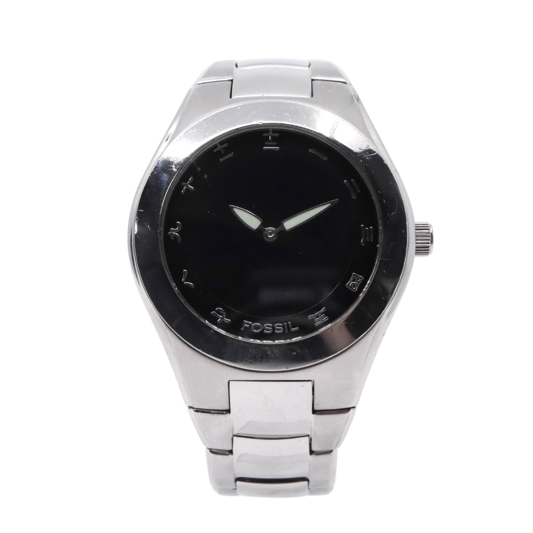 美品 電池交換済 クリーニング済 フォッシル FOSSIL 腕時計 BG-1055 メンズウォッチ クォーツ 漢数字インデックス シルバー ブラック ステンレススチール アナログ ユニークデザイン カジュアル 稼働品 G3
