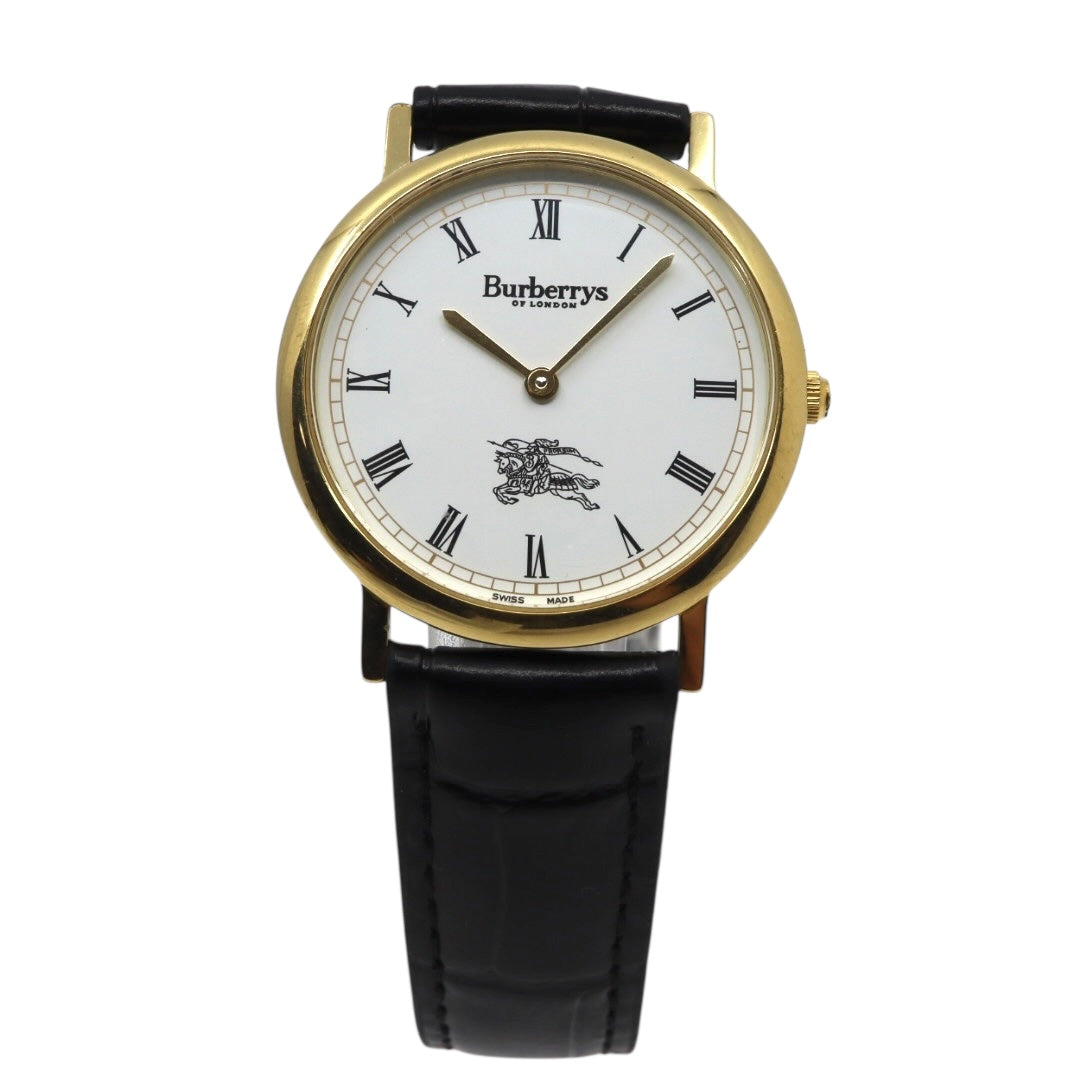 美品 電池交換済 新品ベルト バーバリー Burberrys 6000G 腕時計 メンズウォッチ クォーツ ゴールド ホワイト文字盤 ローマンインデックス ホースロゴ クラシック ヴィンテージ エレガント ドレスウォッチ 稼働品 G3