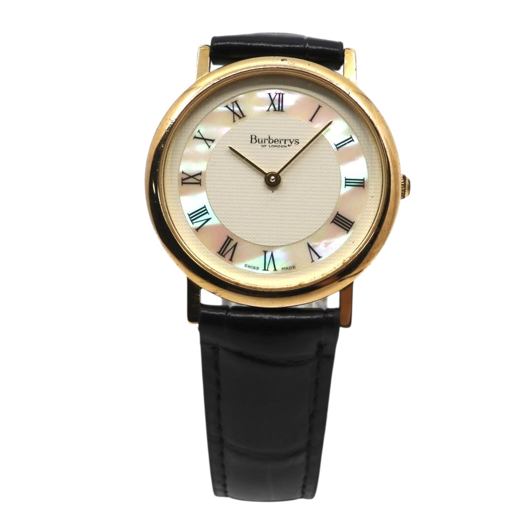 美品 電池交換済 新品ベルト バーバリー Burberrys 6000G 腕時計 メンズウォッチ クォーツ ゴールド シェル文字盤 アイボリー ローマンインデックス クラシック ヴィンテージ エレガント ドレスウォッチ 稼働品 G3