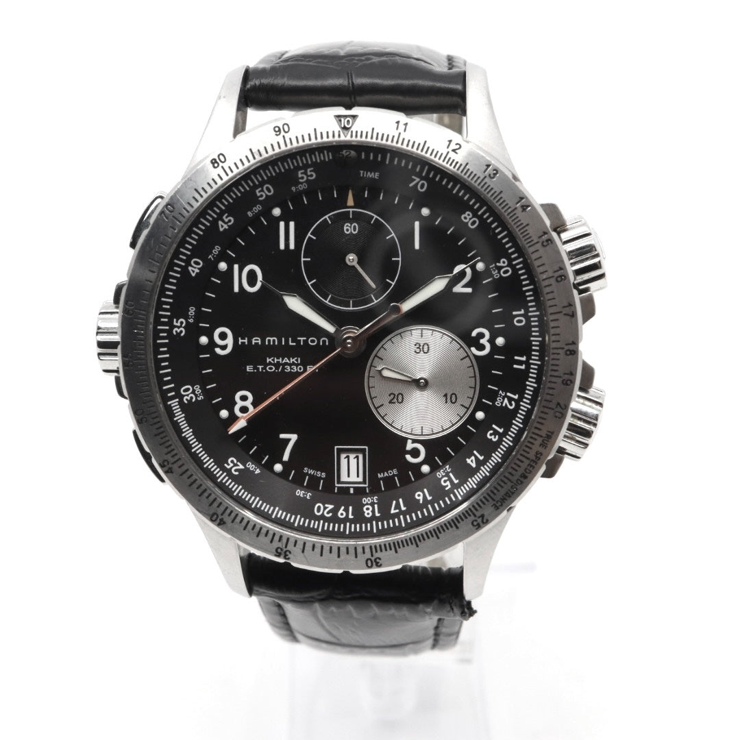 極美品 電池交換済 ハミルトン HAMILTON Estimate Time Over　カーキ E.T.O. H776120 腕時計 メンズ クロノグラフ クォーツ 黒文字盤 レザー アナログ アビエーション パイロットウォッチ スイス製 G3