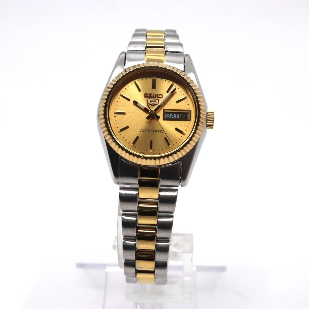 【未使用級/美品/稼働品】セイコー SEIKO 5 レディース腕時計 4206-0510 自動巻き オートマチック デイデイト ゴールド文字盤 コンビブレス フルテッドベゼル アナログ クラシック ビンテージ エレガント クリーニング済 G2