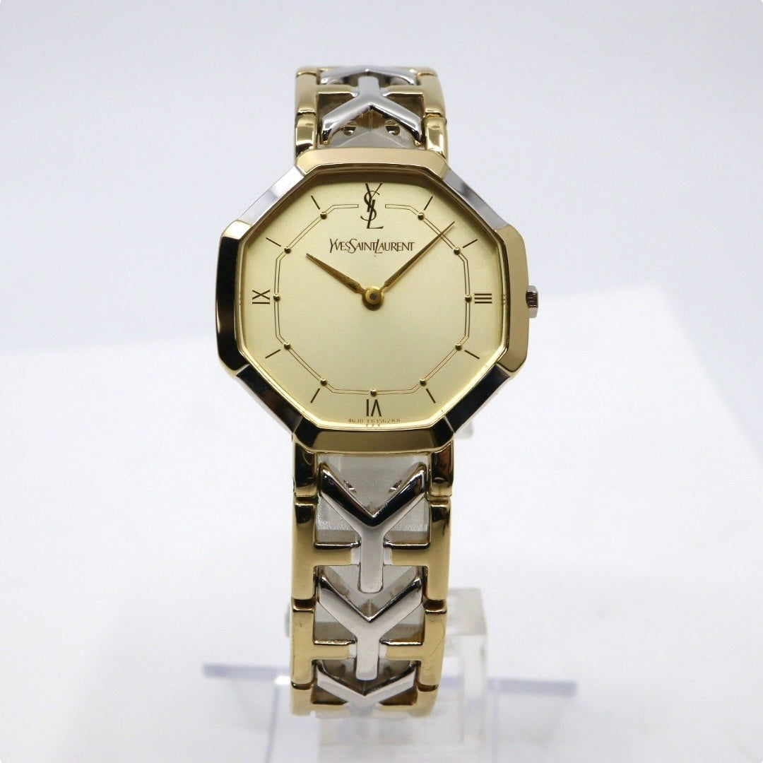【新品同様/電池交換済】イヴサンローラン YSL 腕時計 4620-E62143 レディース クオーツ アナログ オクタゴン 八角形 ゴールド文字盤 コンビブレス ヴィンテージ クラシック エレガント ドレスウォッチ クリーニング済 G2