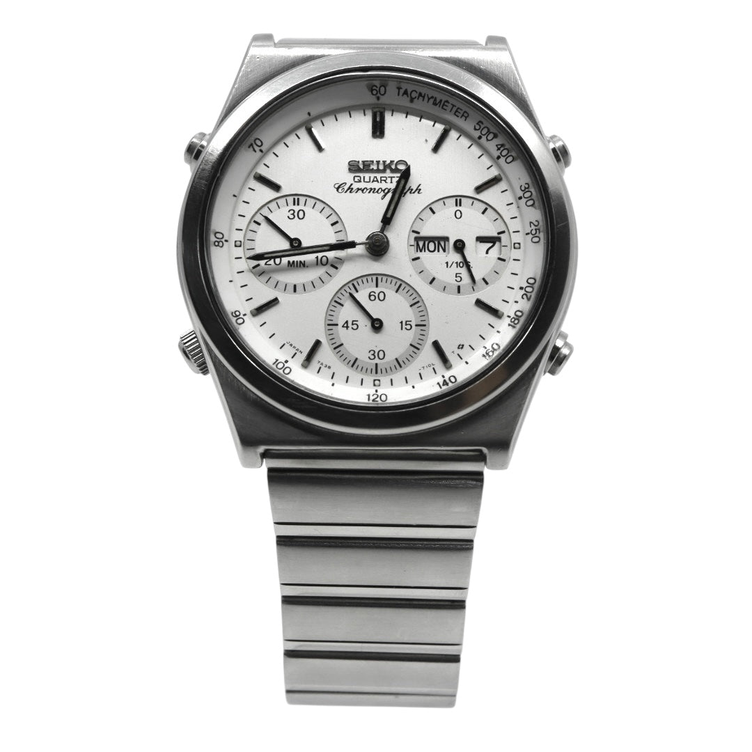 【美品/稼働品/電池交換済】セイコー SEIKO クロノグラフ 7A38-7280 メンズ腕時計 クオーツ アナログ デイデイト タキメーター ホワイト文字盤 シルバー ヴィンテージ 80年代 レトロ クリーニング済 G2