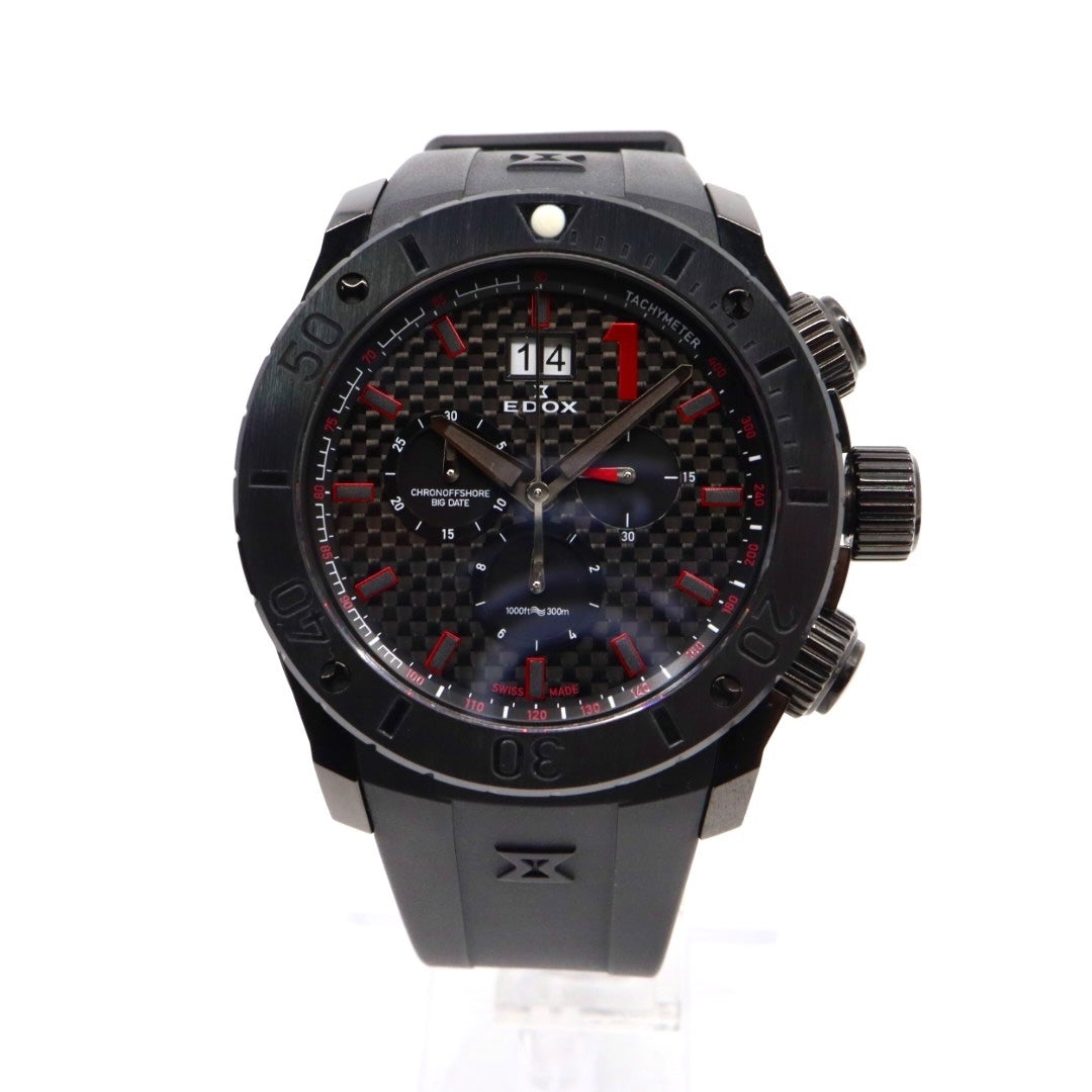 【新品同様/稼働品】エドックス EDOX クロノオフショア1 10020 メンズ腕時計 クオーツ クロノグラフ ビッグデイト カーボンダイヤル ブラック 300m防水 ダイバーズウォッチ パワーボート スイス製 スポーティ エレガント G7
