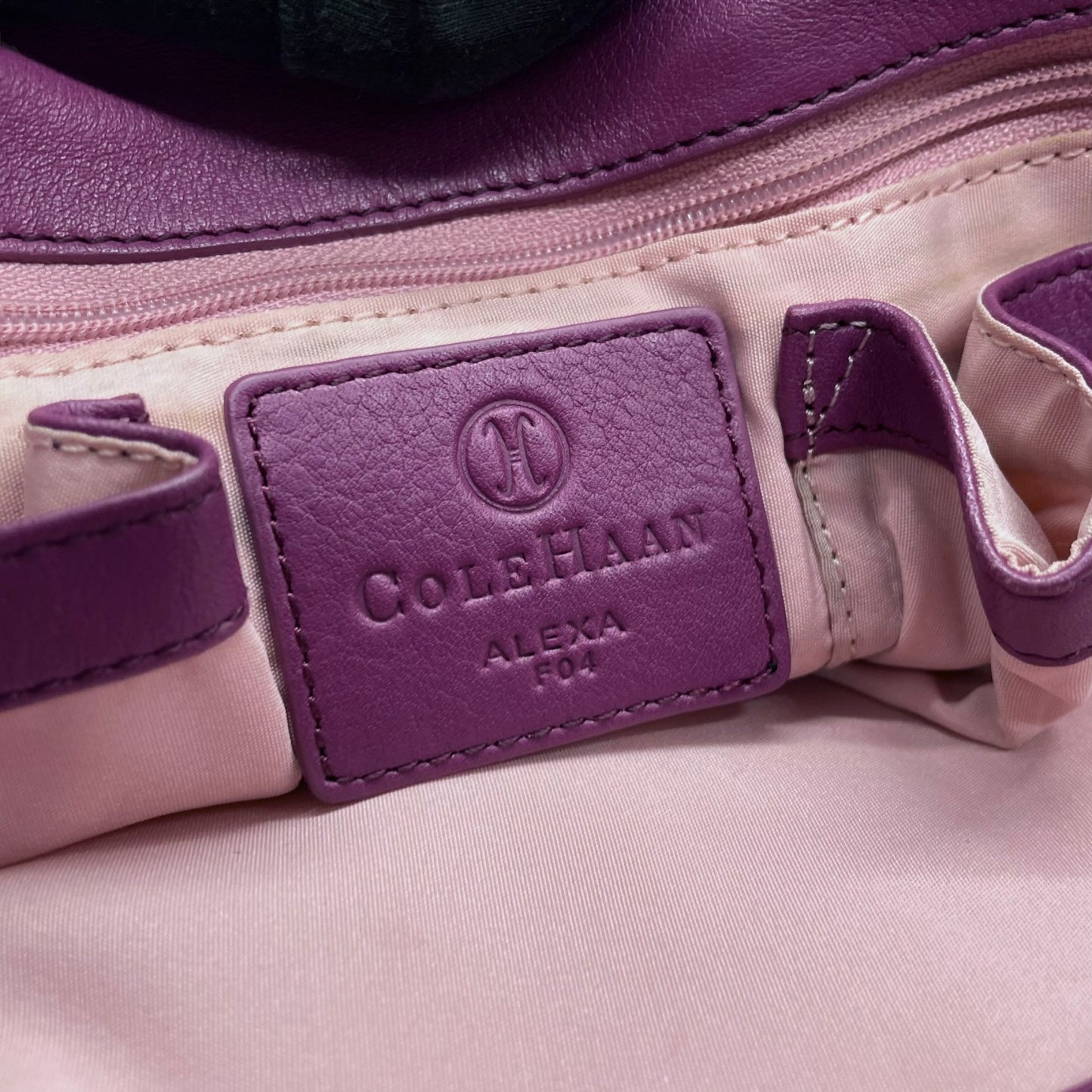 コールハーン COLE HAAN ハンドバッグ ロングハンドル レザー パープル ピンク シルバー金具 ステッチデザイン 上品カラー T3