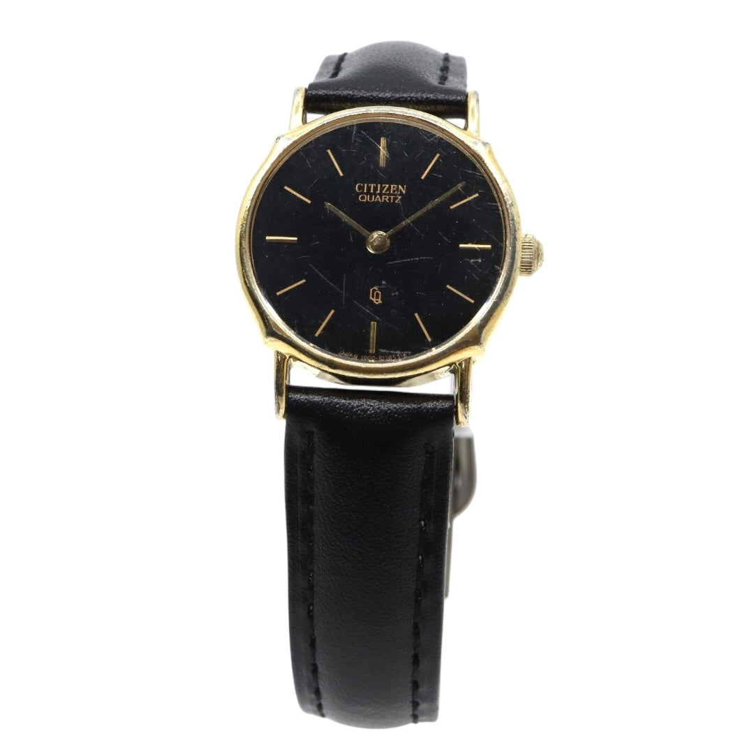 citizen シチズン クオーツ 腕時計 4-102321Y ゴールド ブラック文字盤 ラウンドケース レザーベルト レディース ヴィンテージ