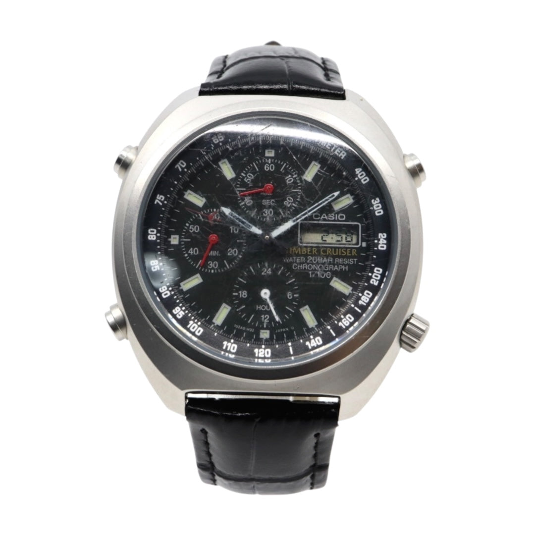 【稼働品】カシオ ティンバークルーザー TIC-100 腕時計 メンズ アナデジ クロノグラフ 20気圧防水 クオーツ ステンレス レザーベルト ブラック 黒文字盤 シルバー ヴィンテージ 希少 レトロ アウトドア G9