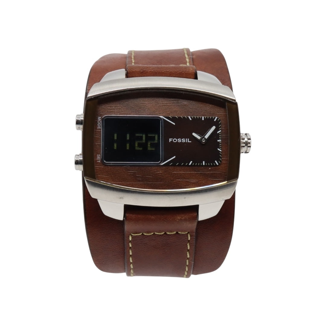 【美品/稼働品】フォッシル 腕時計 JR-9633 アナデジ ウッド調文字盤 カフレザー ワイドベルト ブラウン シルバー メンズ クオーツ ヴィンテージ レトロ 個性的 デザインウォッチ ストリート カジュアル G9