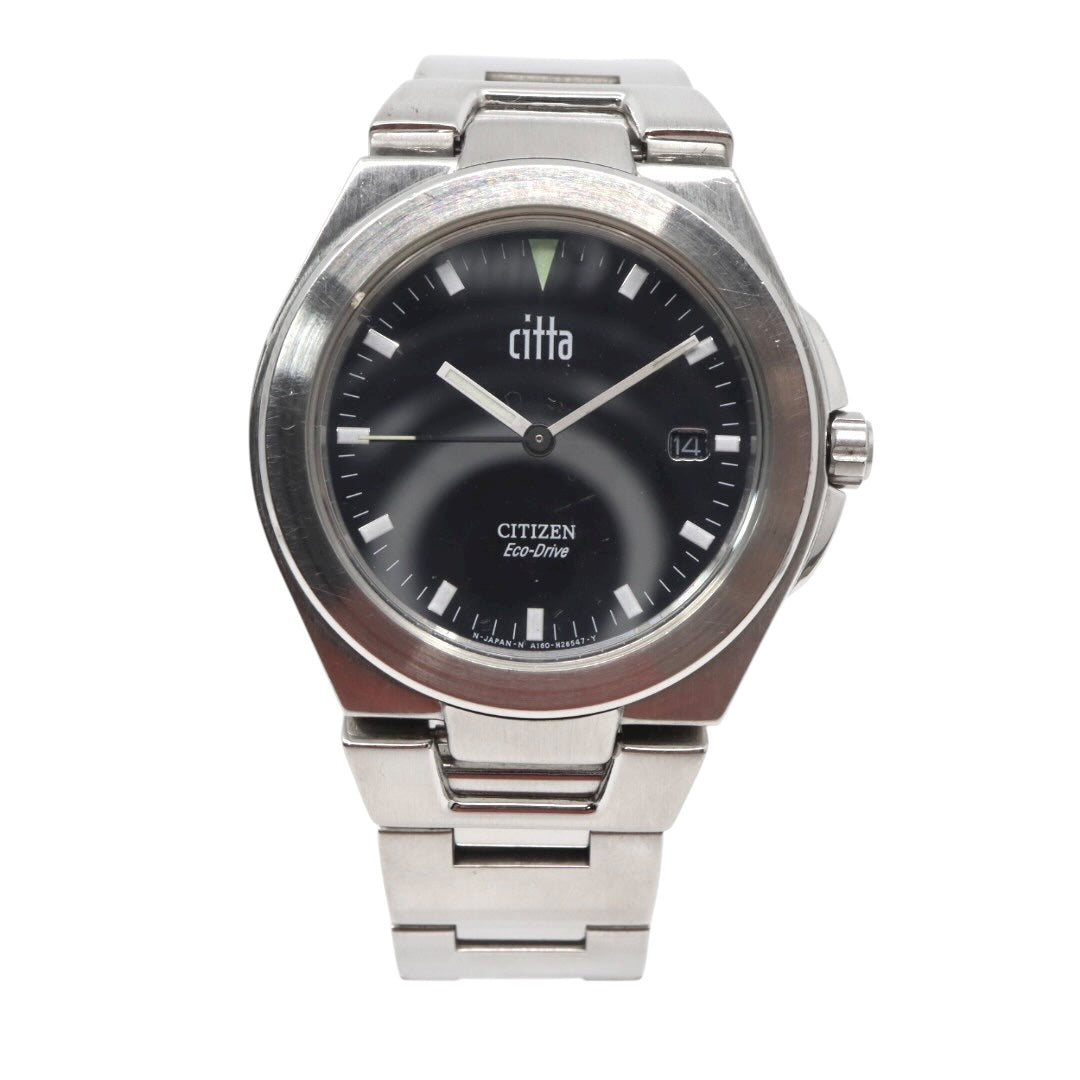 【美品/稼働品】シチズン チッタ Citta エコドライブ 腕時計 A160-H15696 メンズ ソーラー デイト ブラック文字盤 シルバー ステンレス ビジネス カジュアル シンプル ファッション ウォッチ G10 citizen