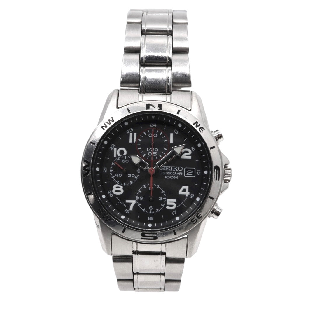 【美品/電池交換済】セイコー クロノグラフ 7T92-0DX0 腕時計 メンズ 100M防水 クオーツ ステンレス ブラック文字盤 シルバー アナログ デイト表示 方位計 スポーツウォッチ ビジネス カジュアル ファッション G10
