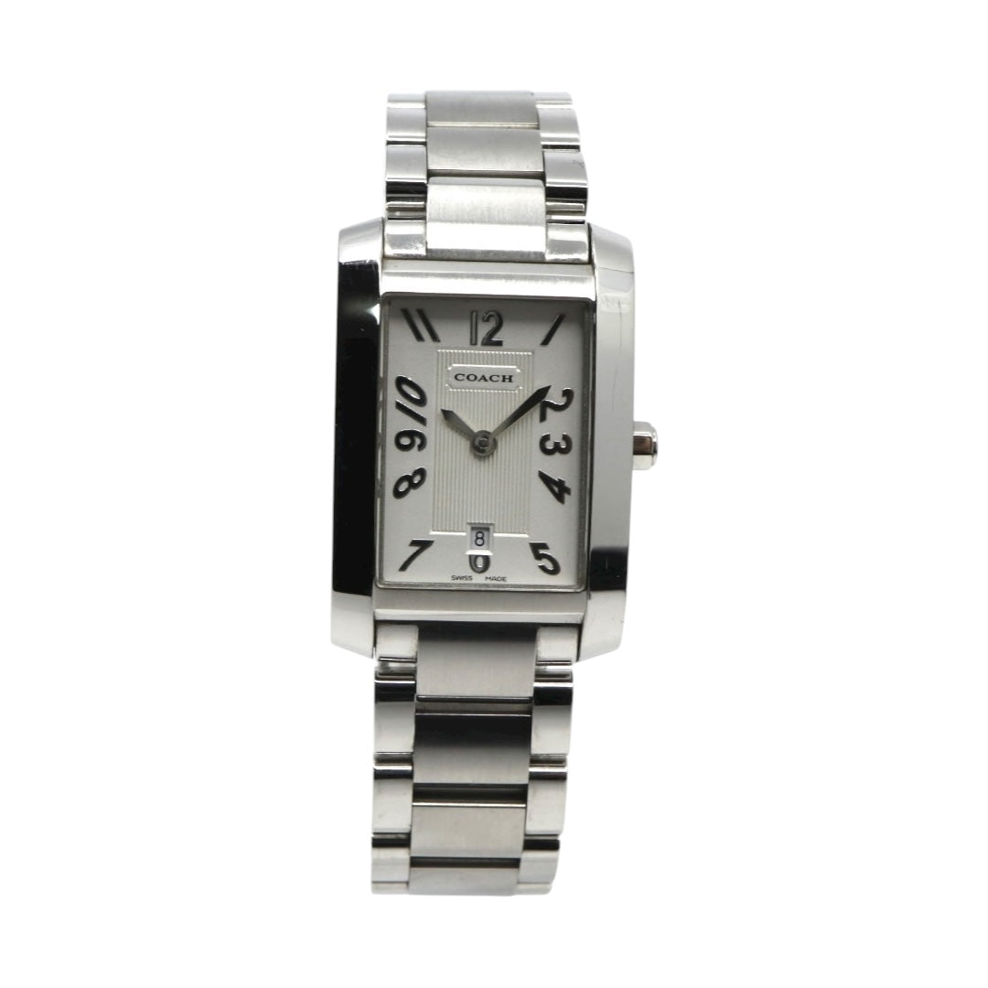 【美品】コーチ COACH 腕時計 レディース レクタンギュラー 0243 スクエア シルバー 白文字盤 ステンレス クォーツ 3針 デイト ビジネス フォーマル オフィス 通勤 クラシック 上品 洗練 スイス製 角型 G10
