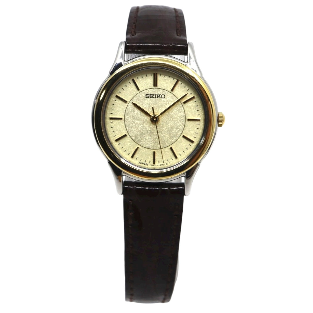 SEIKO セイコー 7N01-6881 ゴールドトーン ベゼル テクスチャー文字盤 クォーツ レディース ステンレス レザーベルト 上品 エレガント ウォッチ G11