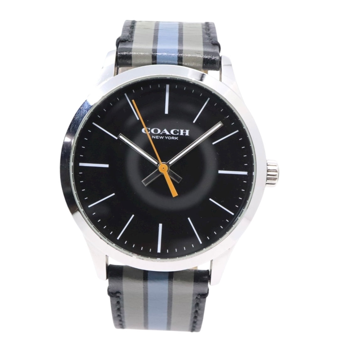 【美品】コーチ COACH 腕時計 メンズ チャールズ Charles ブラック シルバー マルチカラー ストライプ レザー CA.118.2.112.1537 クォーツ アナログ 3針 ビジネス カジュアル シンプル 個性的 希少 ビッグフェイス G11