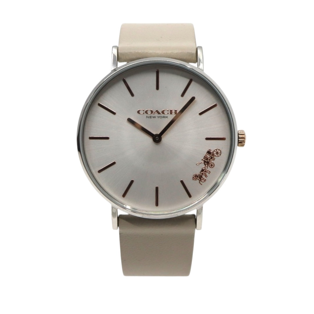 【未使用級】コーチ COACH 腕時計 レディース ペリー Perry シルバー グレージュ レザー CA.120.7.1594 クォーツ アナログ 2針 シンプル オフィス ビジネス 通勤 通学 エレガント 上品 クラシック 大人 馬車ロゴ 美品 G11
