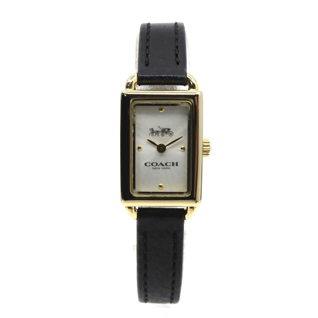 【美品】コーチ COACH 腕時計 レディース Cadie キャディ ゴールド シルバー ブラック レザー レクタンギュラー スクエア CA.144.7.34.3634 クォーツ アナログ 2針 シンプル クラシック エレガント 上品 アールデコ調 G11