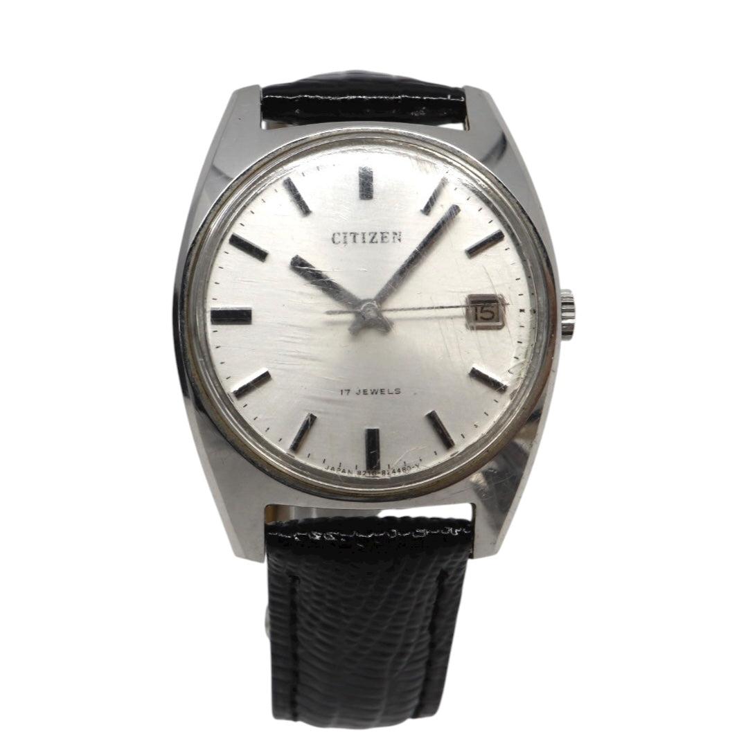 【美品】CITIZEN 手巻き 17JEWELS ヴィンテージ デイト付き メンズ 腕時計 シルバー文字盤 クラシックデザイン シチズン G11
