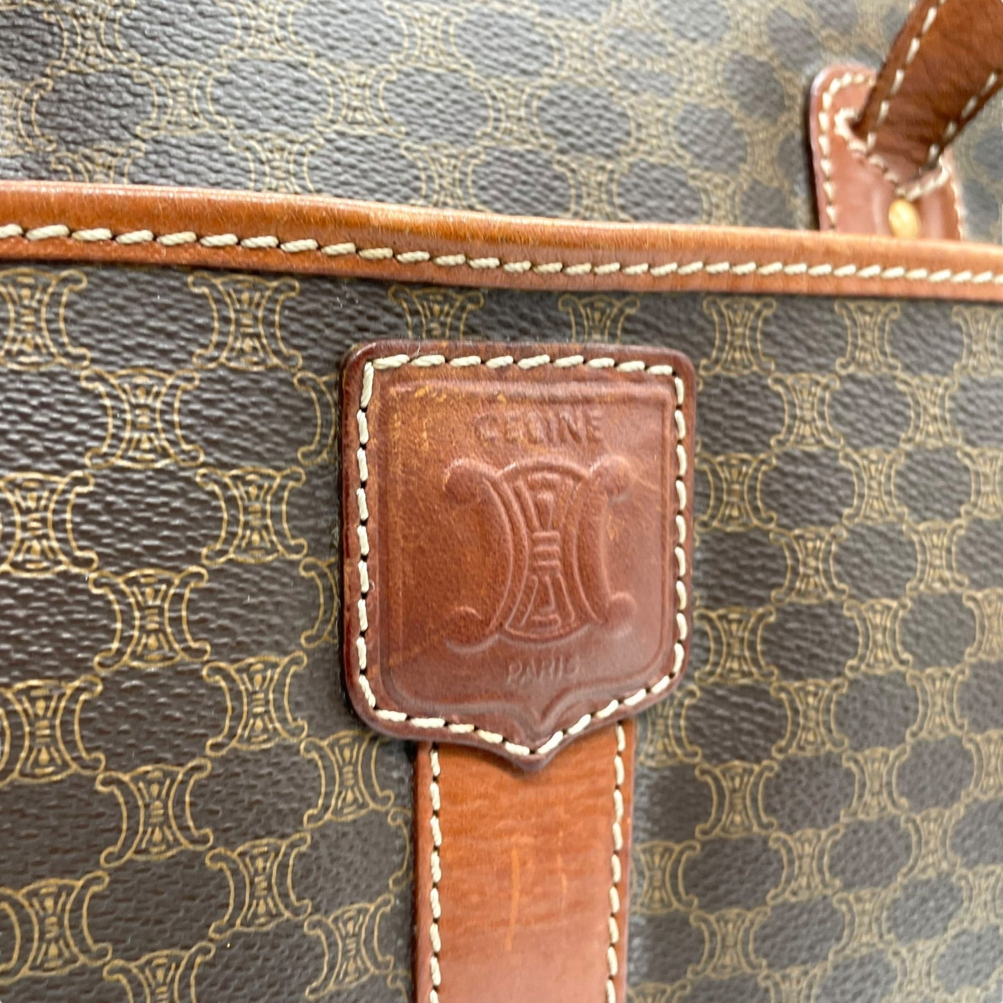 CELINE セリーヌ オールドセリーヌ マカダム柄 ハンドバッグ ショルダーバッグ ワンショルダー 肩掛け PVC レザー 本革 ブラウン 茶色 ゴールド金具 ファスナー開閉 ヴィンテージ K12