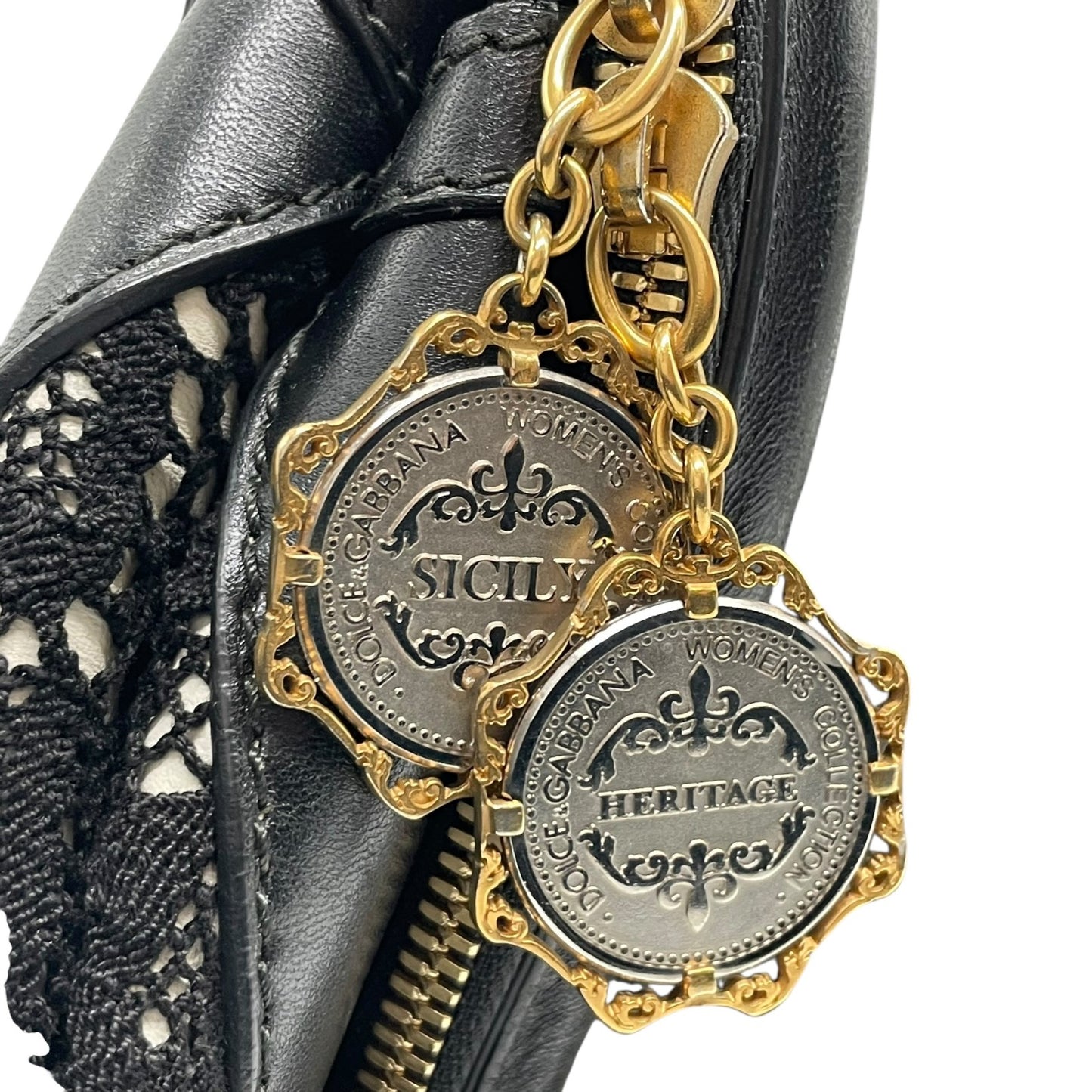 Authentic DOLCE&GABBANA Sicily Heritage 2WAY Handbag Tote Shoulder Bag Black White Ivory Lace Leather Gold Hardware Women's