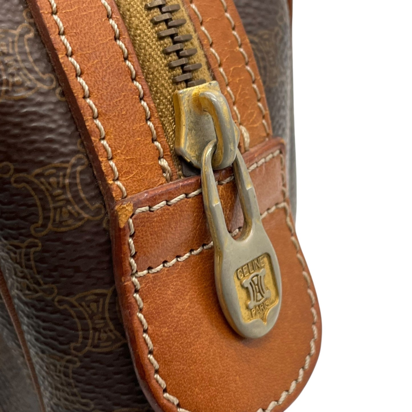 Authentic CELINE Vintage Macadam Handbag Brown PVC Leather Gold Hardware Logo Women's