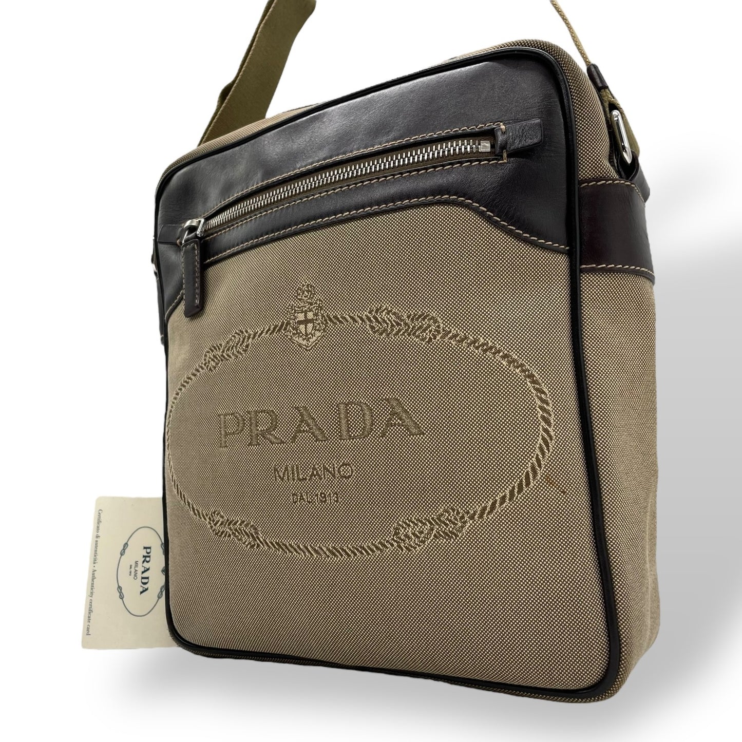 美品 PRADA プラダ ショルダーバッグ ジャガード VA0644 キャンバス レザー ベージュ ブラウン シルバー金具 斜め掛け可 クロスボディ ロゴ メンズ レディース Q