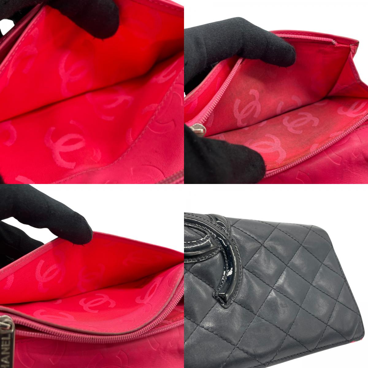 CHANEL シャネル カンボンライン ココマーク 二つ折り 長財布 黒 ブラック ピンク パテントレザー シルバー金具 レディース M5