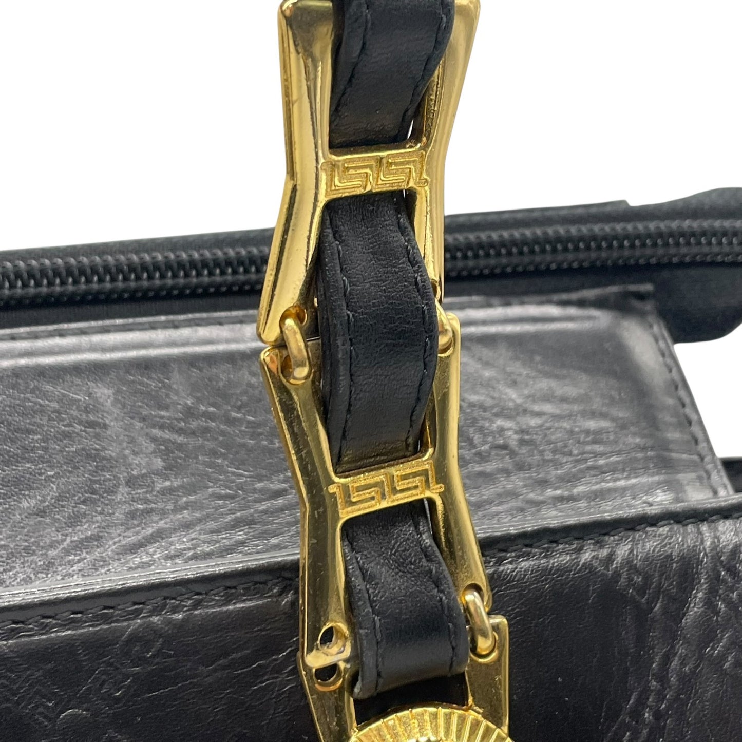 Authentic GIANNI VERSACE Vintage Mini Handbag Tote Black Leather Gold Hardware Fringe Tassel Women