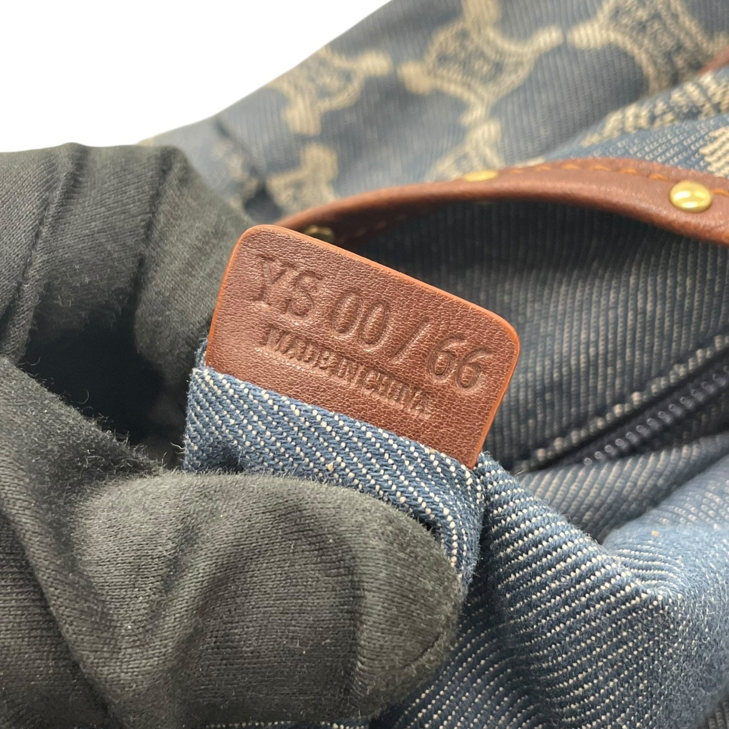 Authentic CELINE Pari Macadam Triomphe Denim Leather Handbag Brown Hardware